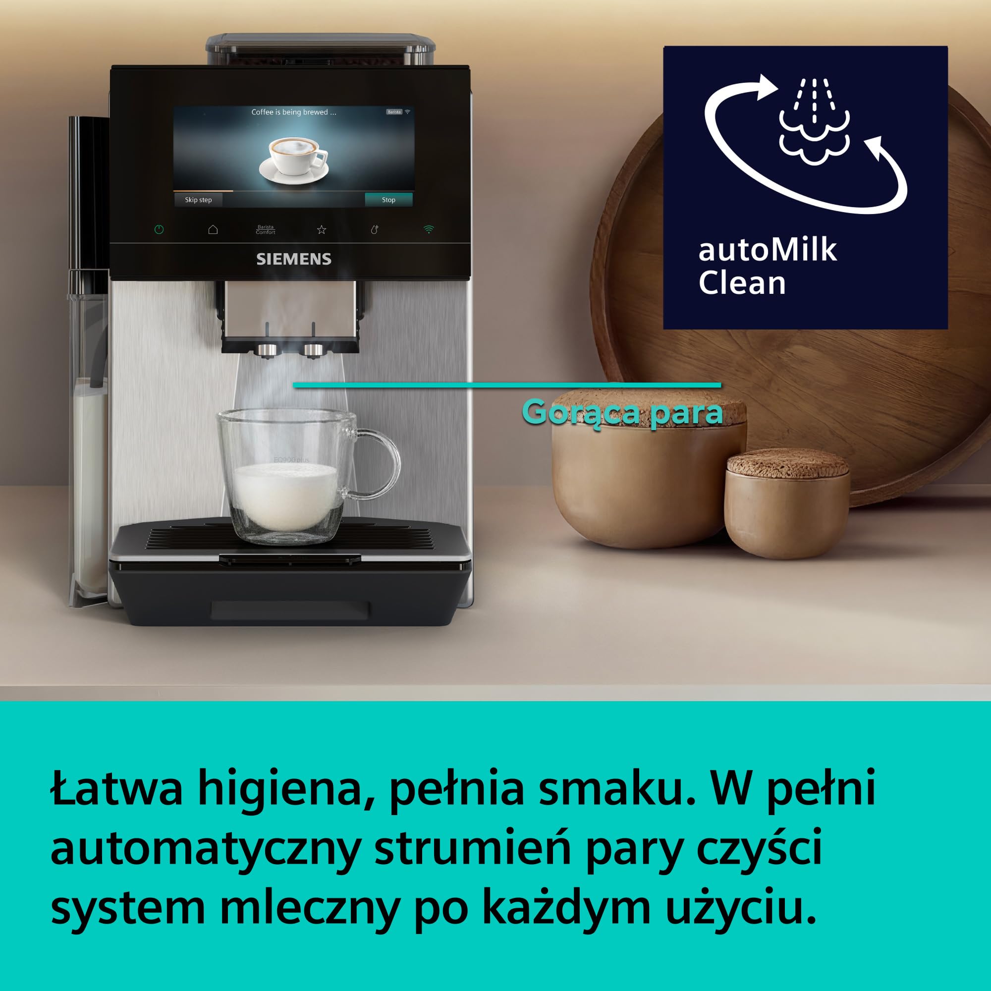 Siemens, automatyczny ekspres ciśnieniowy, EQ900 plus iAroma, automatyczne czyszczenie i odkamienianie, spersonalizowane ustawienia smaku, precyzyjne mielenie, stal nierdzewna, TQ923EZ3