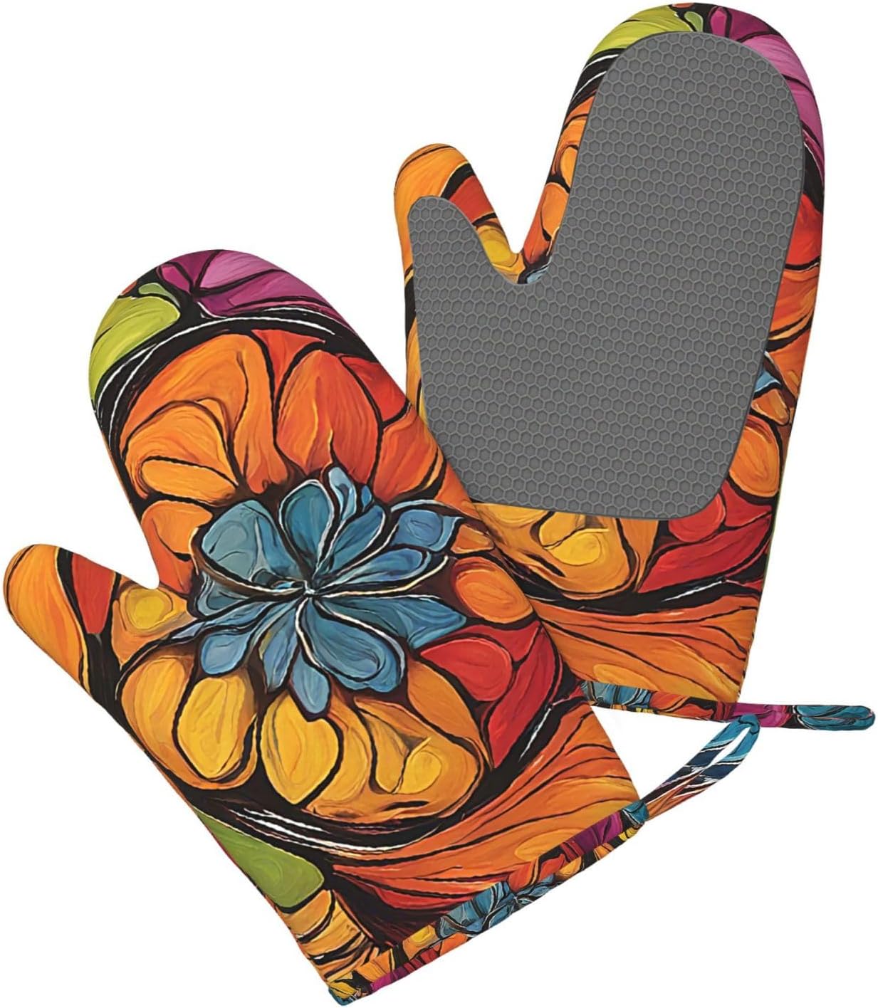 Flower Stained Glass Oven Mitts and Pot Holders Set of 4 Heat Resistant Kitchen Gloves with Silicone Palm Hot Pads for Baking Cooking Grilling BBQ