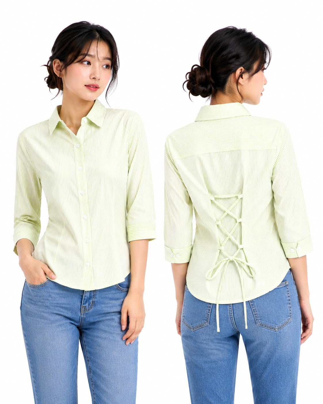 Women Striped Shirt for Women | Stylish Lace-Up Back Casual Office Shirt | 3/4 Sleeve Slim Fit Formal Top for Woman | Smart Casual Look-picture-30
