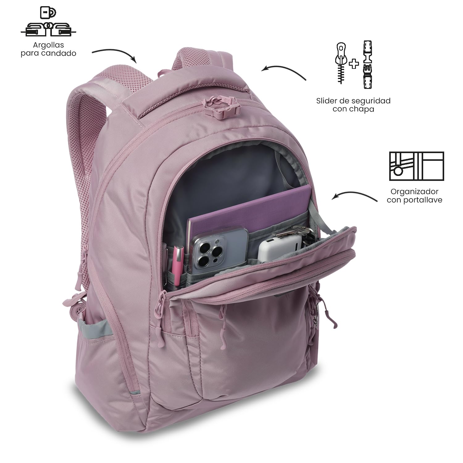 TOTTO - Mochila para Ordenador Portátil 13 Pulgadas, Modelo Eufrates 2.0, Compartimento Tablet 10", Cremallera con Argollas para Candado, Bolsillos Botella, Espaldar Ergonómico, Color Zephyr