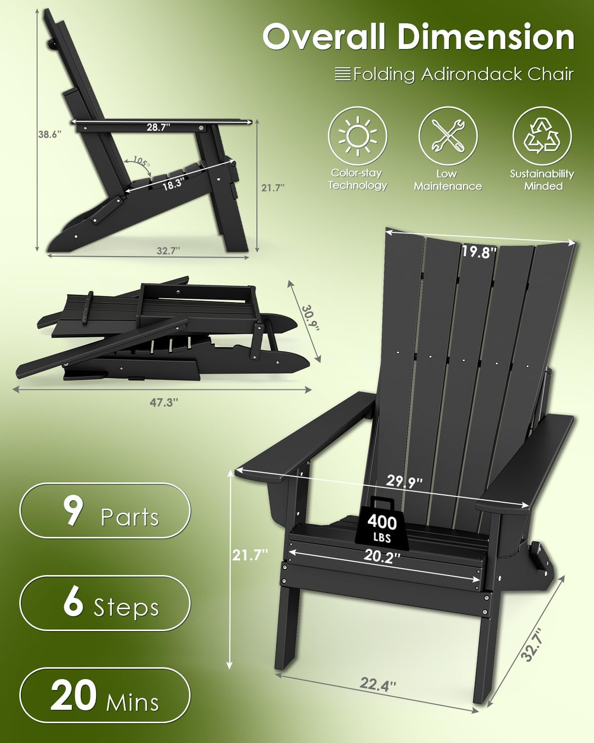GREENVINES Folding-Adirondack-Chairs-Set-of-2 | HDPE Plastic | Arch Series | Fire Pit Chair | All Weather | for Outdoor Patio Deck Backyard Poolside | Black