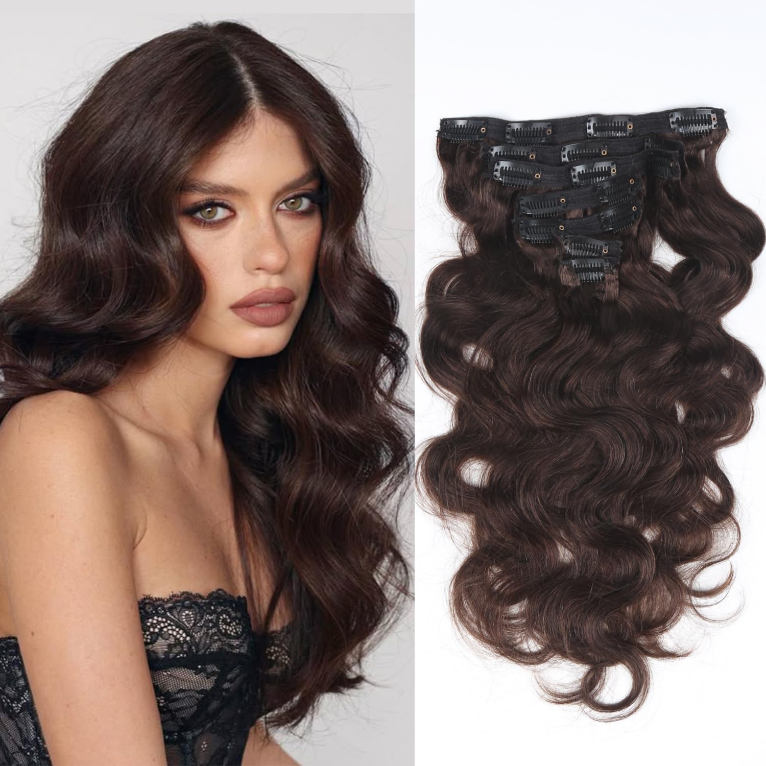 Clip in Hair Extensions Real Human Hair Body Wave Human Hair Extensions for Women 18 Inch Double Weft 7Pcs Clip ins Brazilian Virgin Human Hair Pieces 120g 16 Clips Dark Brown