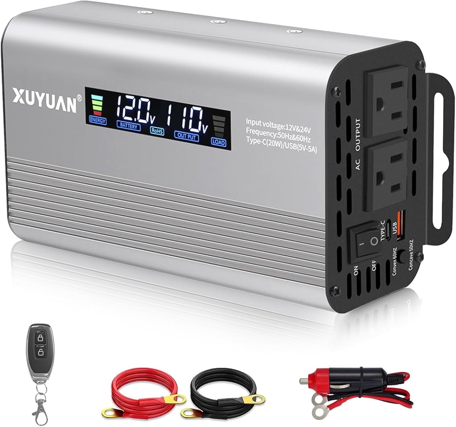 1000W Pure Sine Wave Inverter, 12V/24V Auto-Detect, 50Hz/60Hz Switchable, LCD Display, Type-C Fast Charging, Silent Design, Overload & Overheat Protection for RV, Home