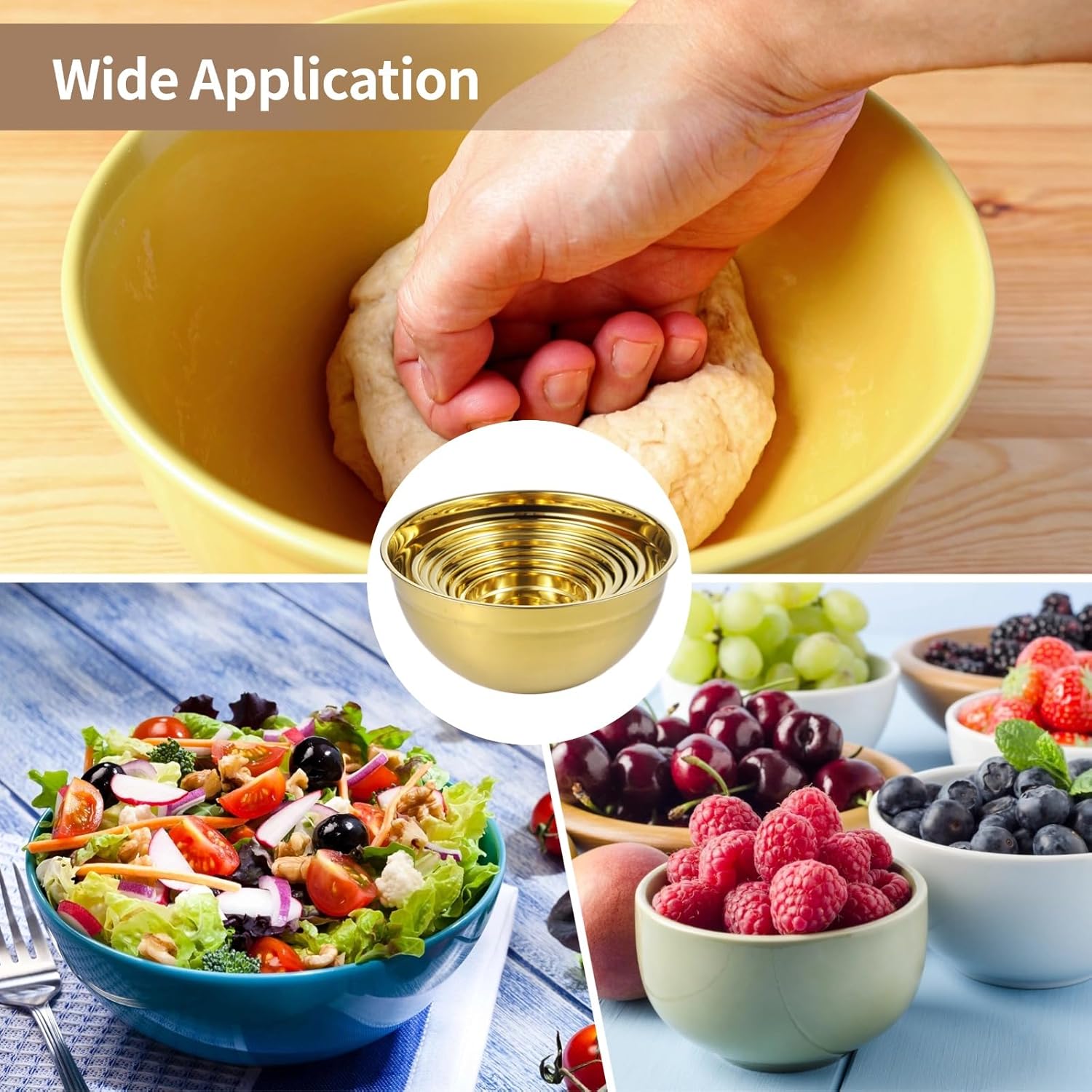 7 PCS Golden Mixing Bowls with Lids Set - Stainless Steel Salad Bowls with Airtight Lids, Mirror Finish Nested Mixing Bowl, 7 Sizes from 1.5 qt to 6.9 qt for Baking, Meal Prep, Food Serving - Image 5