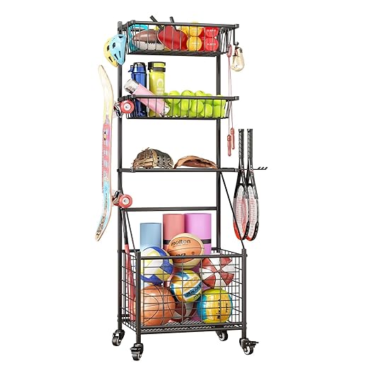 INGIORDAR Garage Sports Equipment Organizer System Ball Gear Outdoor Toy Storage Rack with Baskets Hooks and Wheels Rolling Basketball Racks for Balls，Black