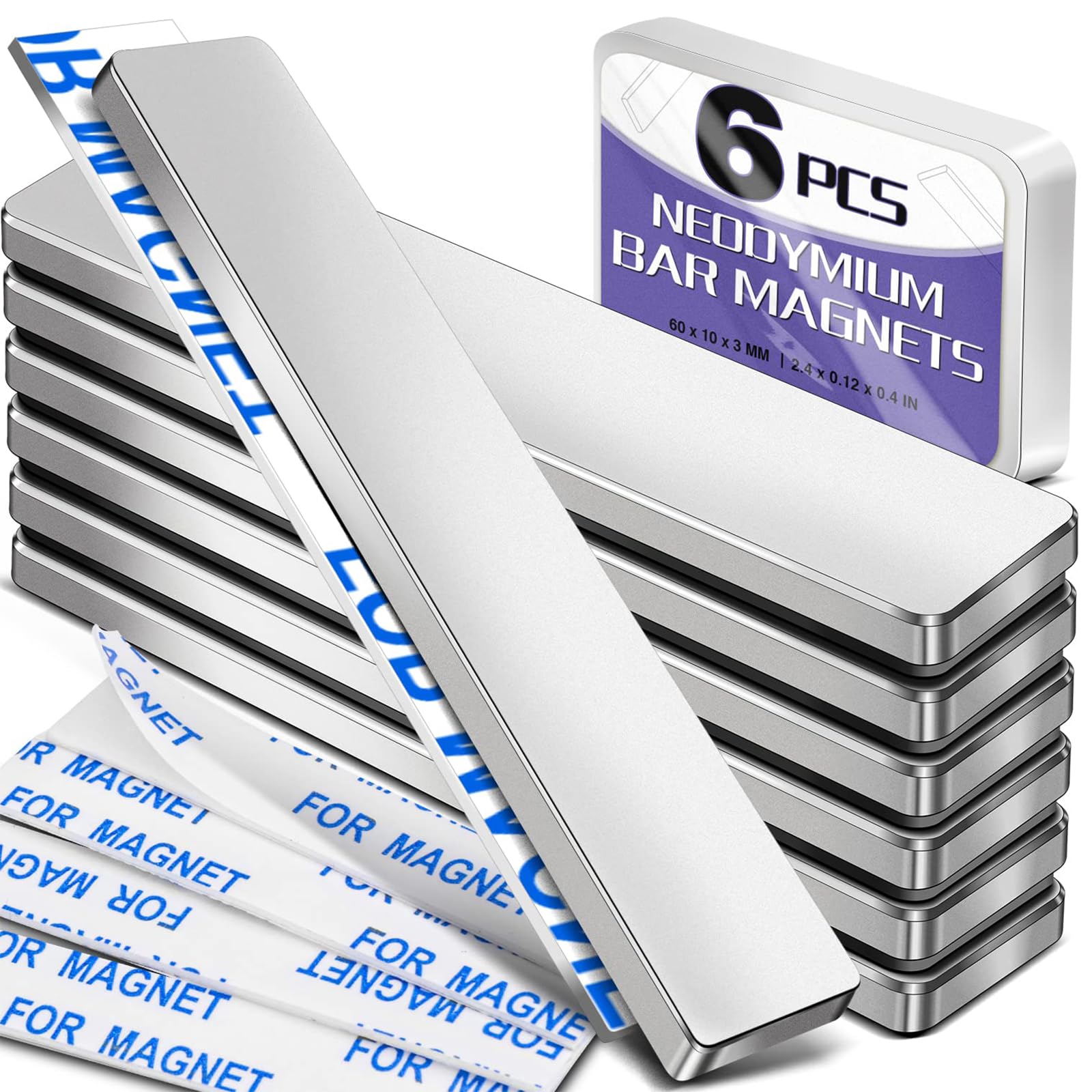 E BAVITEStrong Neodymium bar Magnets，Powerful Rare Earth Neodymium Magnets with Double-Sided Adhesive Perfect for Fridge, Garage, Kitchen, Craft, Office etc - 60 x 10 x 3 mm, Pack of 6