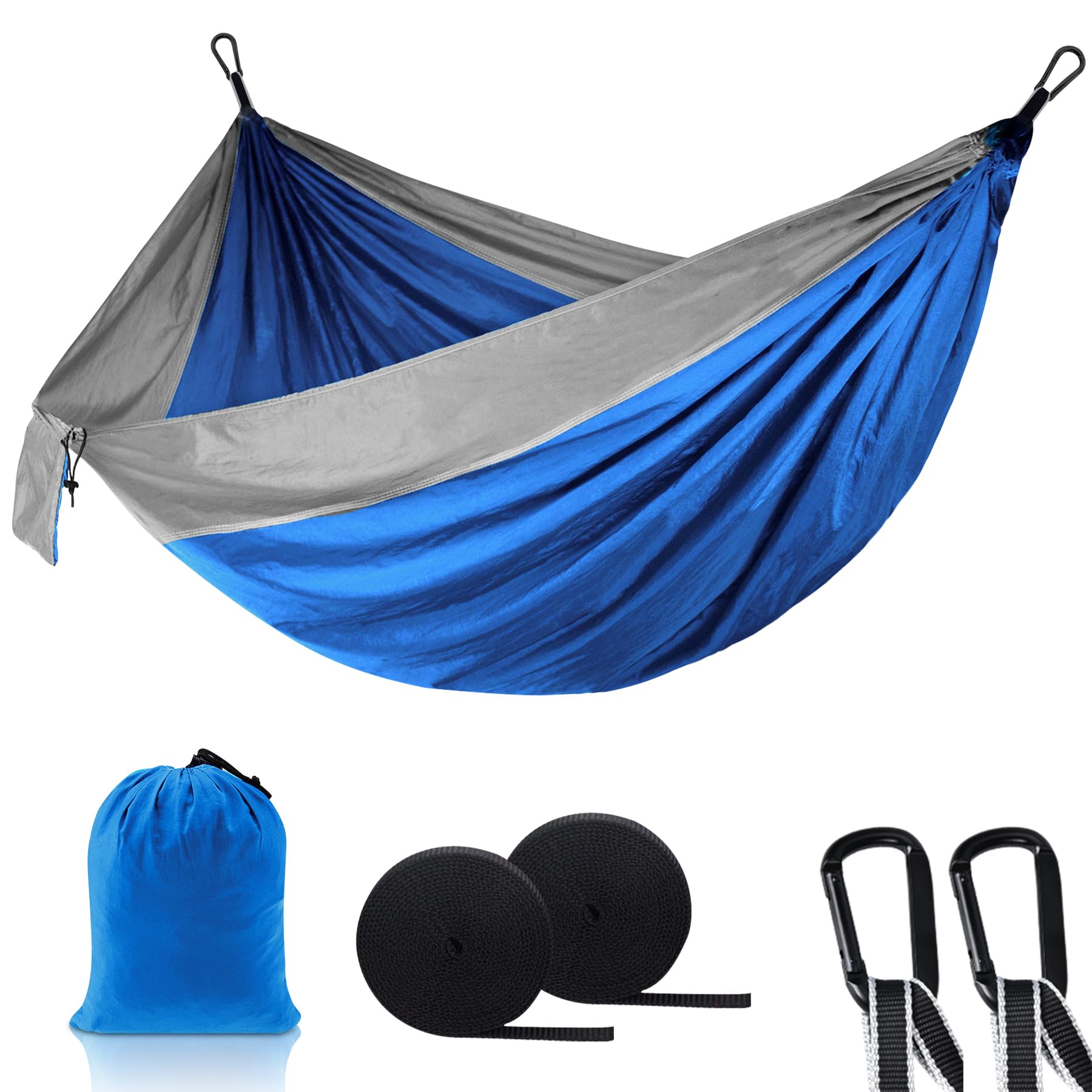 Leifyne Camping Hammock 270 x 150cm with Straps, Portable Hammocks 210T Parachute Nylon Ultralight with Storage Bag Camping Accessories for Outdoor Garden Backpacking, Blue & Grey