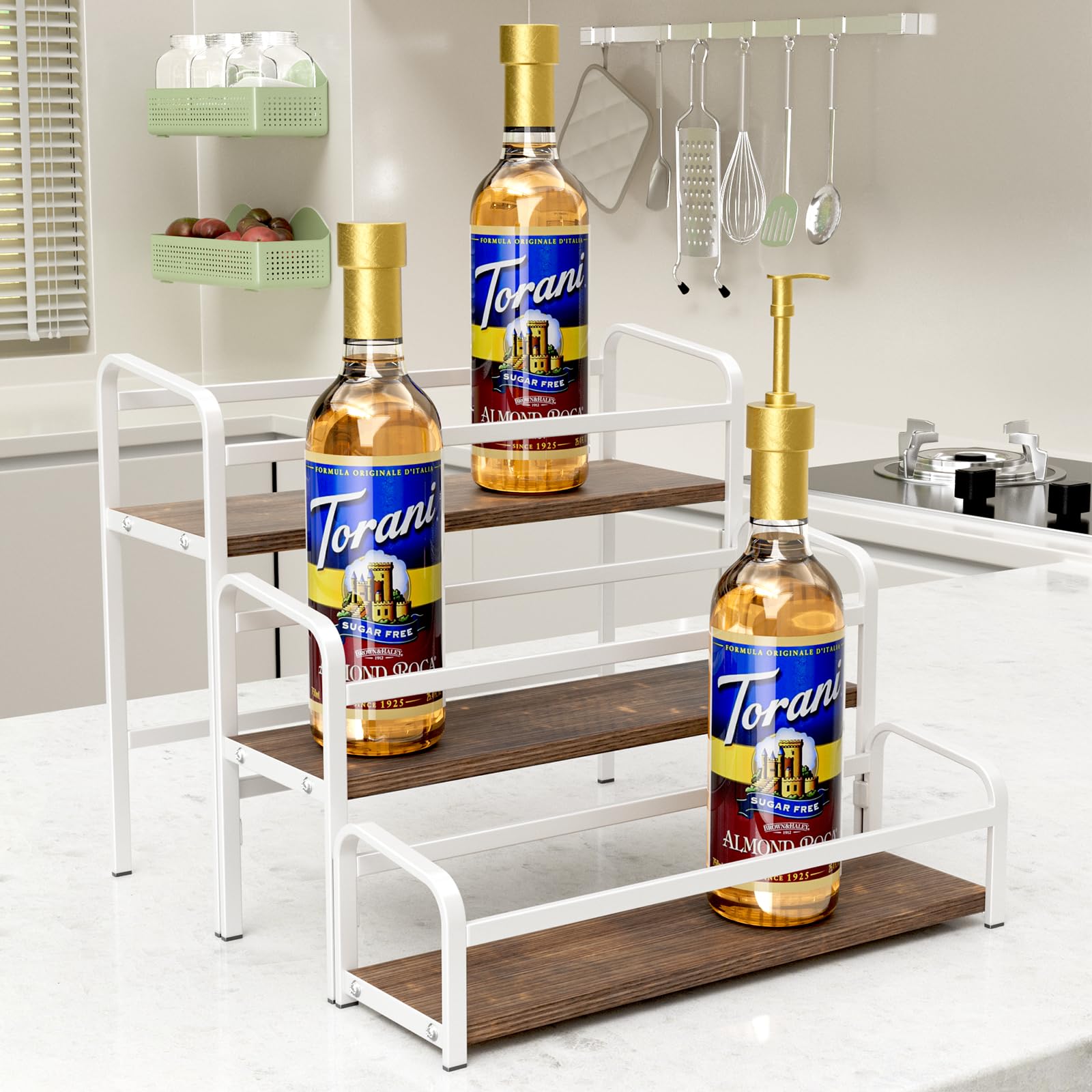 3-Tier Coffee Syrup Rack for Countertop, Large Capacity 12-Bottles Syrup Stand with Wood Shelf & Metal Frame for Coffee Bar, Premium White Coffee Organizer Station/Wine Rack for Kitchen Storage