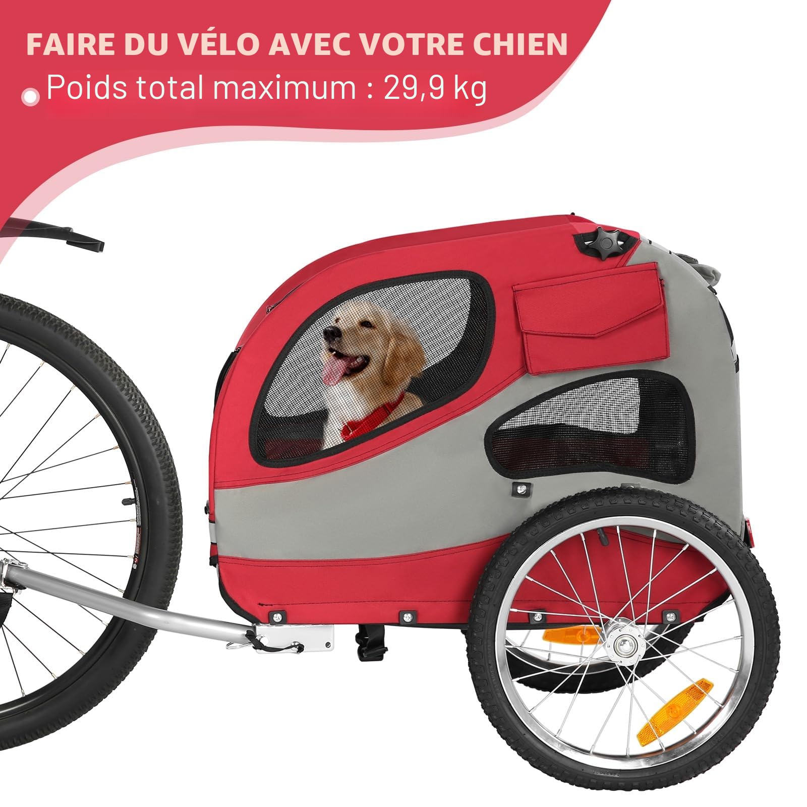 Remorque de vélo Pliable pour Chien avec réflecteurs de sécurité, Sac de Rangement, intérieur rembourré et laisses de sécurité, Transporteur pour Chien jusqu'à 30 kg