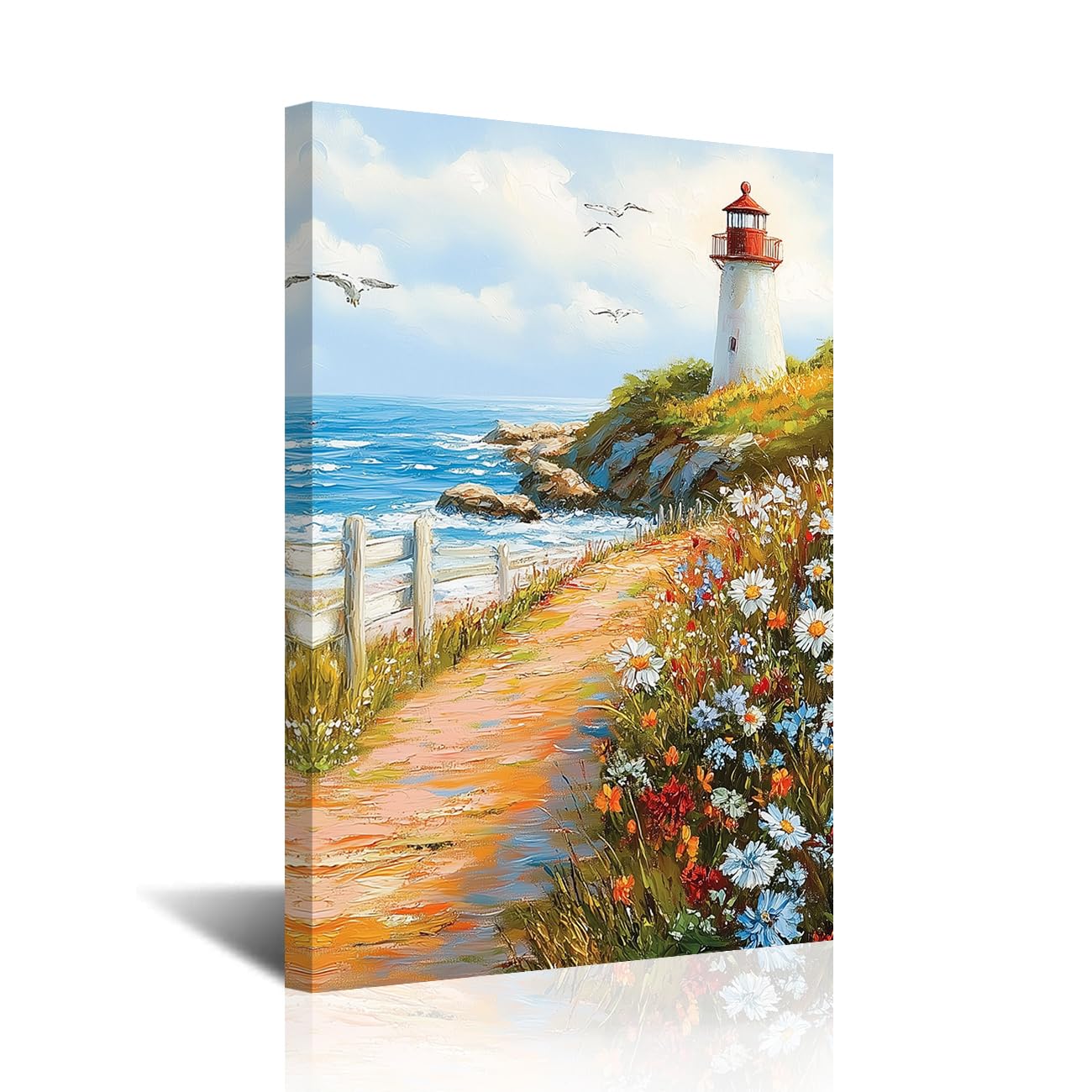 CXHOSTENT Lighthouse Pictures Wall Art Coastal Bathroom Decor Ocean Seascape Canvas Prints Beach Paintings Nautical Scenery Artwork Home Decor Framed (Blue, 20L x 16W)