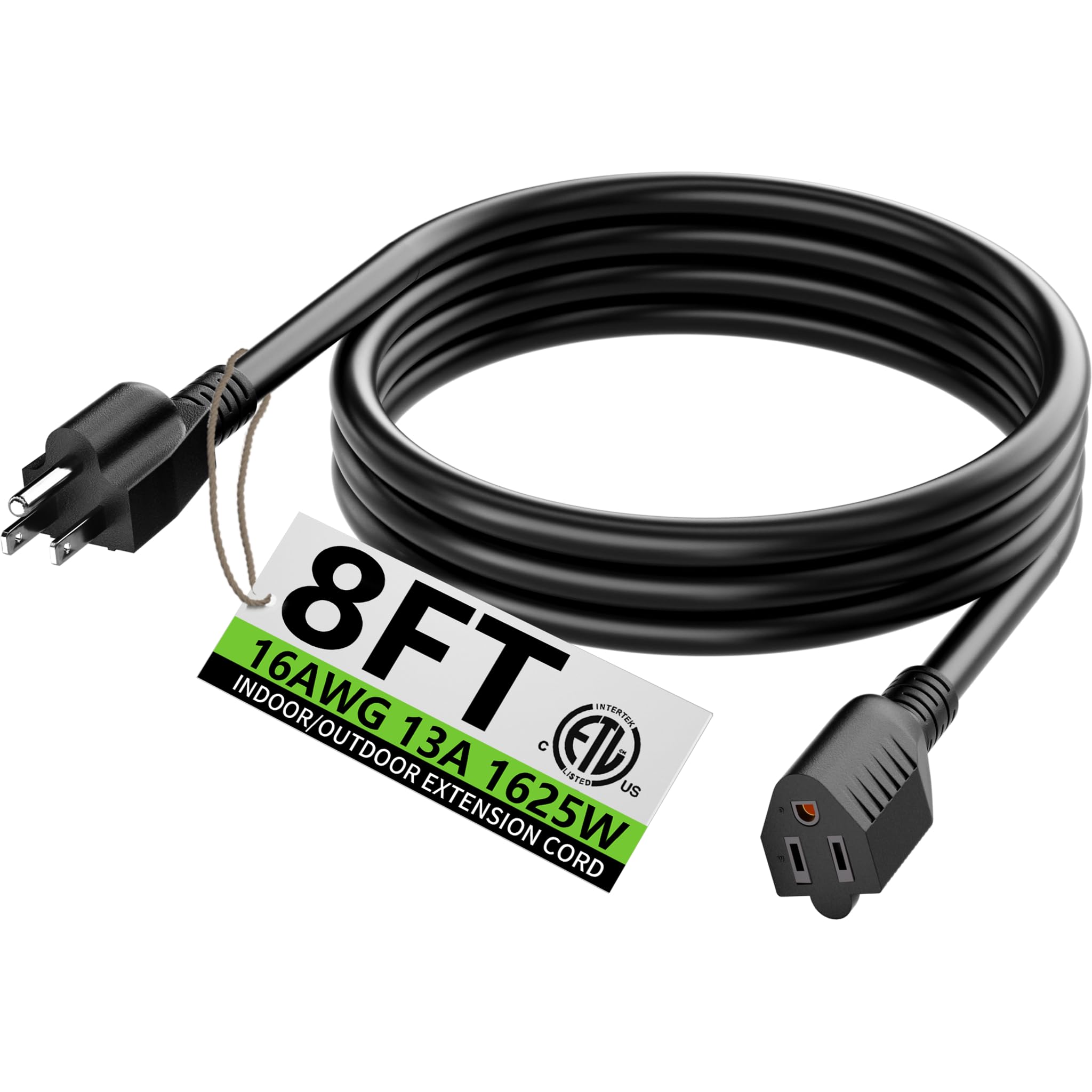 HUANCHAIN Black Extension Cord 8 FT, 16 Gauge, Indoor Electric Cable