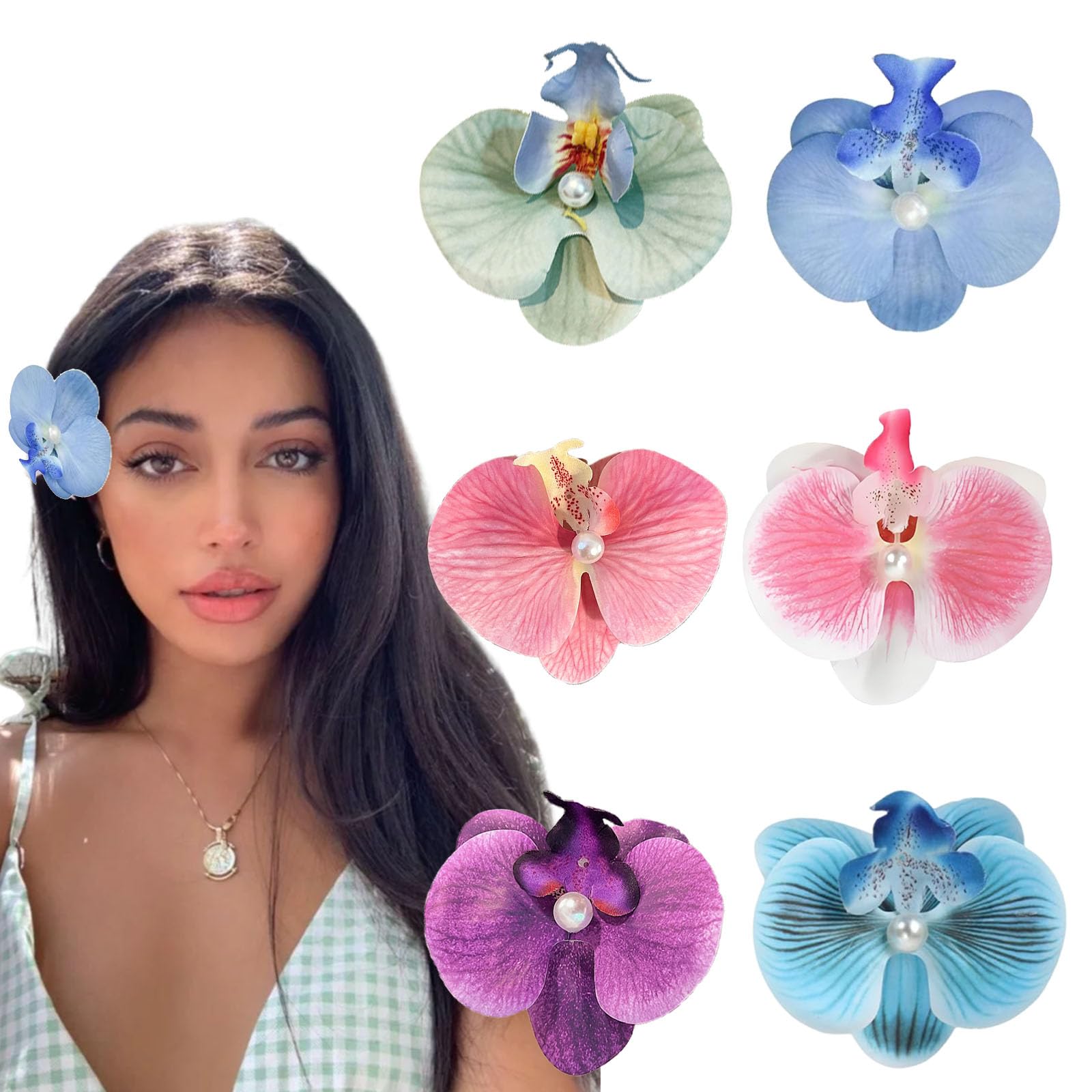 Hawaiian Tropical Flower Hair Clips 6 Pcs Orchid Artificial Hairpins Bohemian Hair Clips for Women Beach Wedding Summer Vacation Accessories