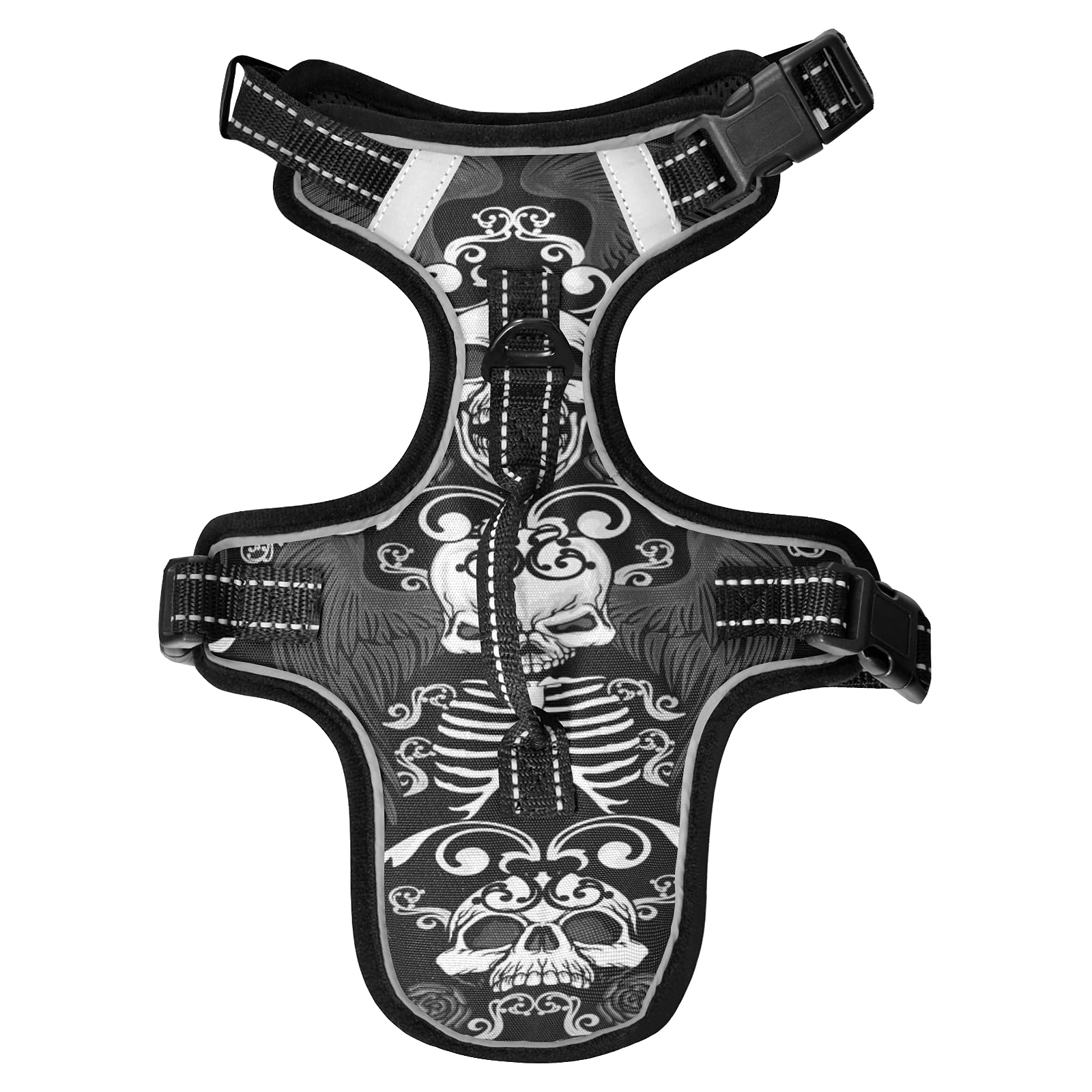 Retro Vintage Gothic Coat of Arms Rose Wings Skulls Bones No Pull Vest Harness, Padded Reflective Adjustable Harnesses for Small to Large Dogs Cats with Leash Clips Easy Control Handle S
