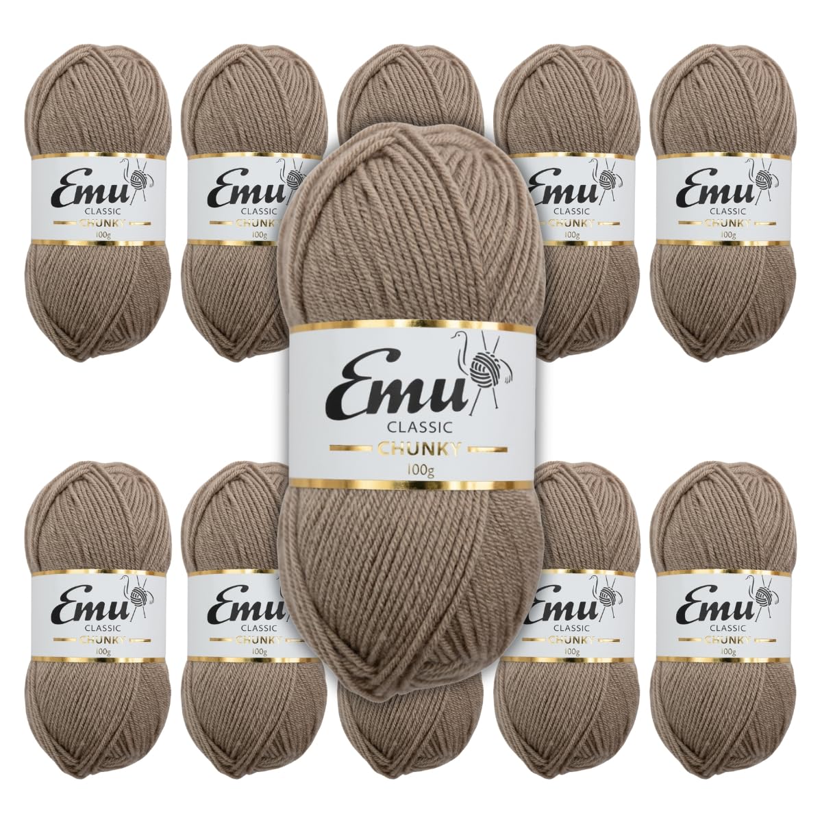Emu Classic Chunky Acrylic Yarn 100g Balls 164m, Pack of 10, Walnut - 156