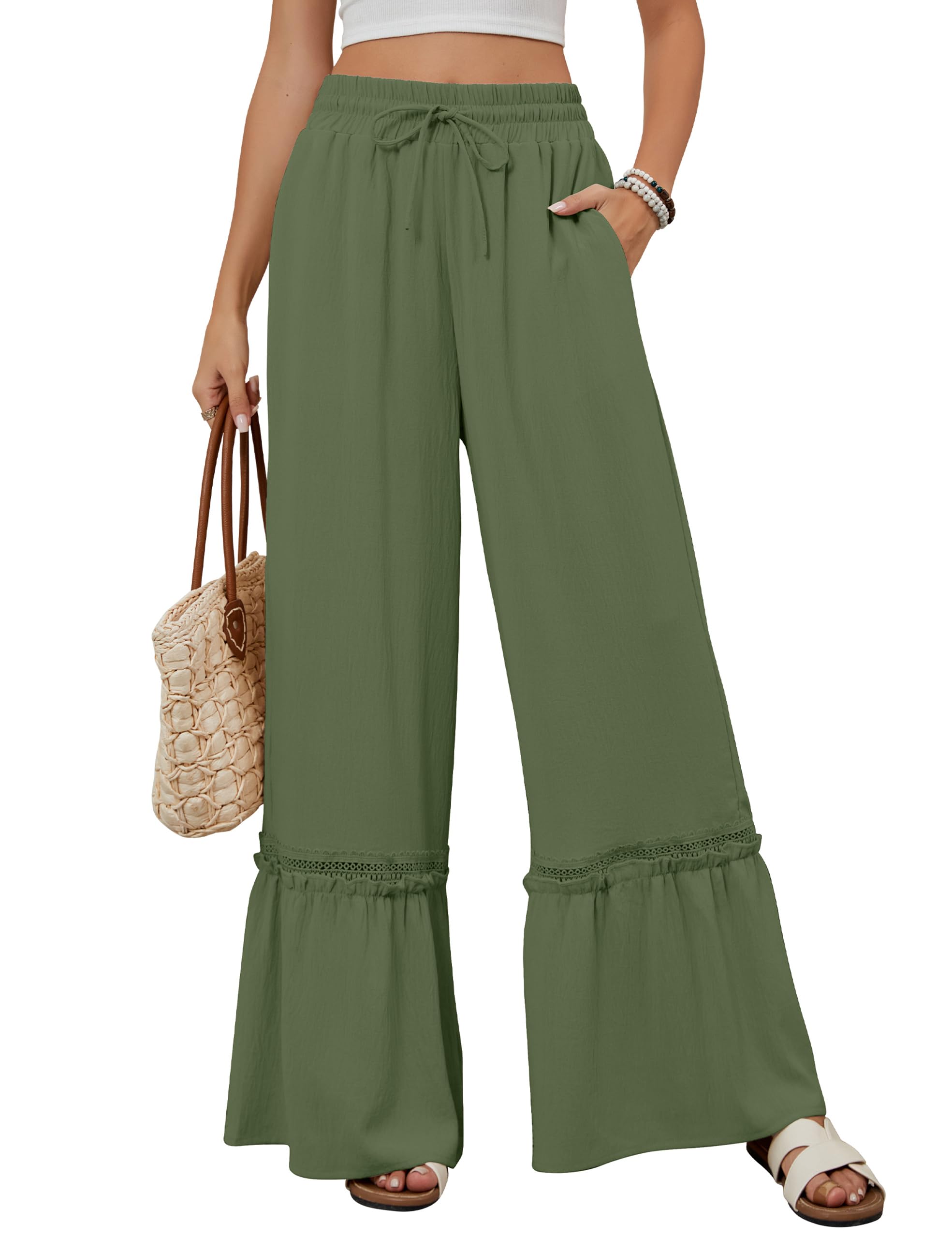 BMJL Womens High Waisted Wide Leg Pants Palazzo Beach Trousers Lace Flowy Summer Outfits
