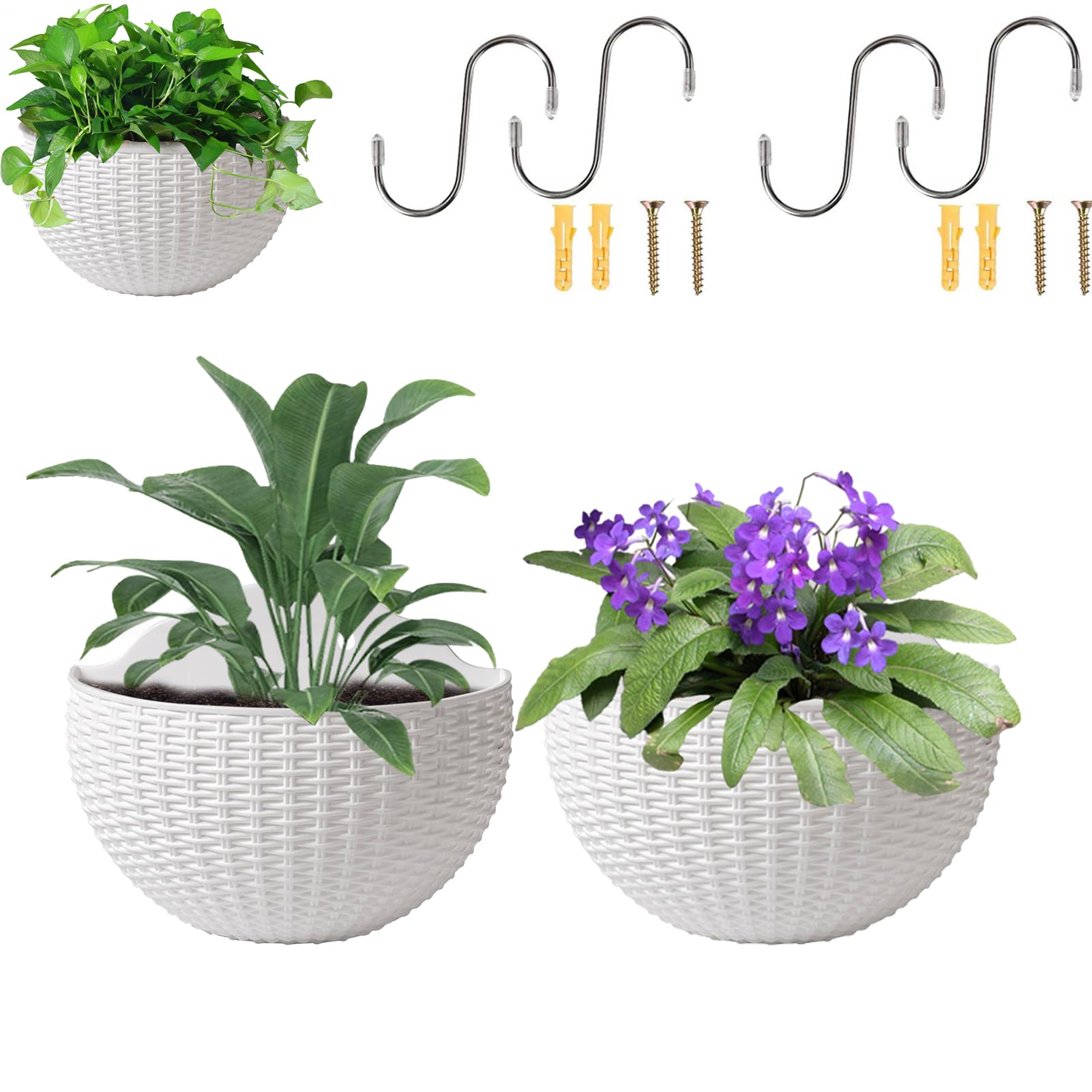 Imitation Rattan Wall Hanging Flower Pot, 2x European Style Semicircle Plant Baskets, Outdoor Garden Hanging Basket with Drainage Hole and 4 Hooks, Self Watering Garden Pots for Balcony Fence Indoor