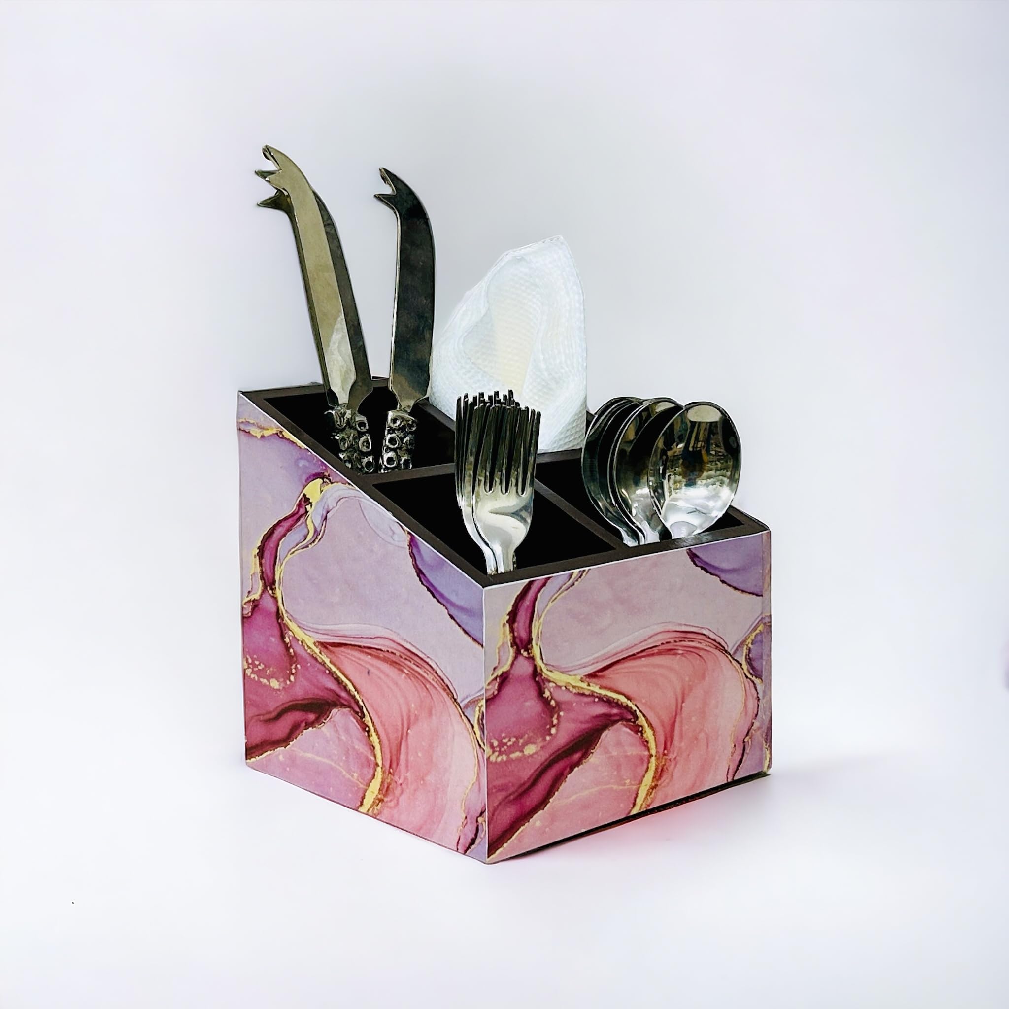 AMC DECORATIVES Gold Designer Wooden 4 Compartments Cutlery Holder, Organizer Stand, Multipurpose Stand, Spoon Holder, Standard