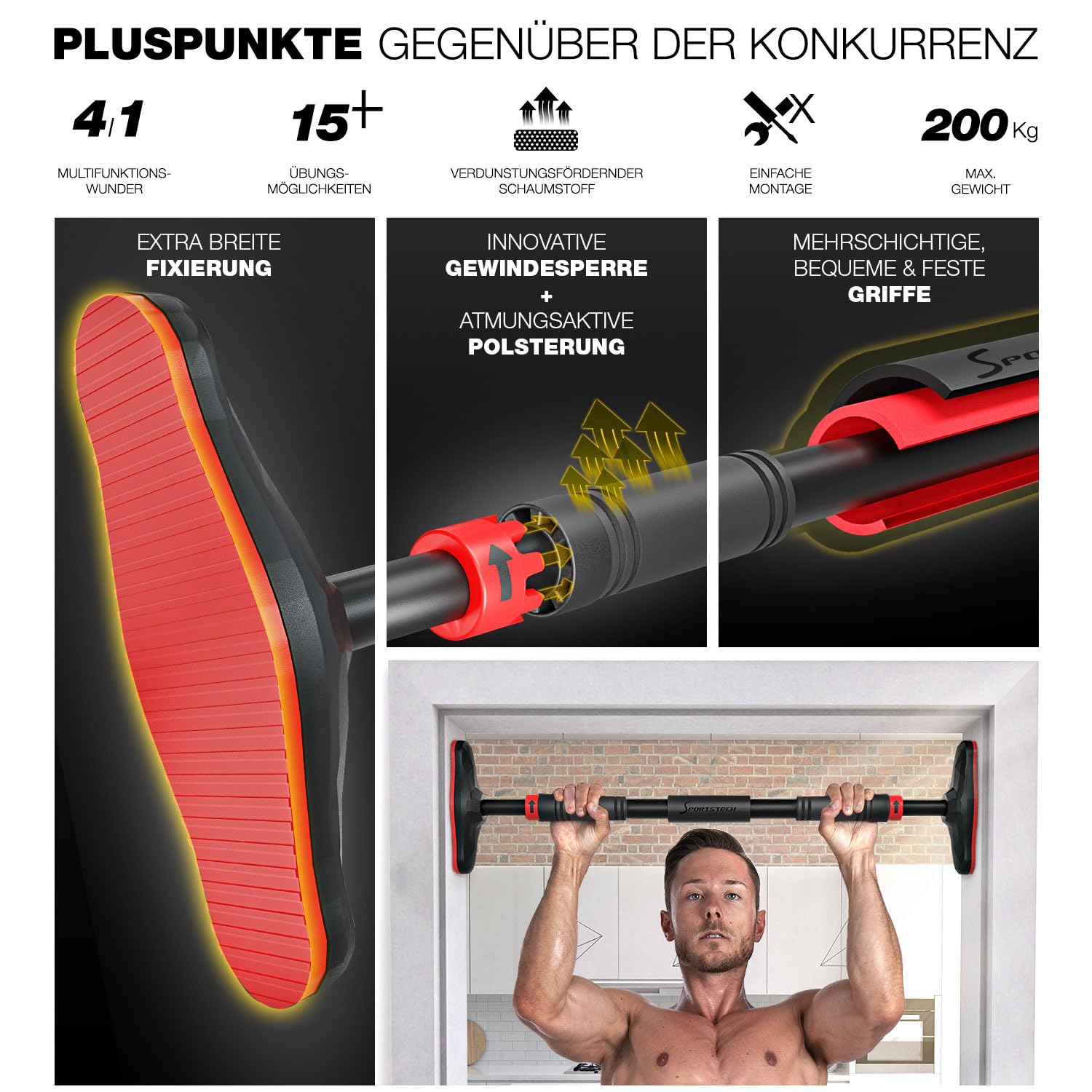 Klimmzugstange Türrahmen ohne Schrauben – Pull Up Bar mit Gear-Lock | bis 150/200 kg, anpassbar bis 90 cm | Türreck für Klimmzüge, Dips & Calisthenics zuhause | SPORTSTECH KS260 / KS270 inkl. eBook