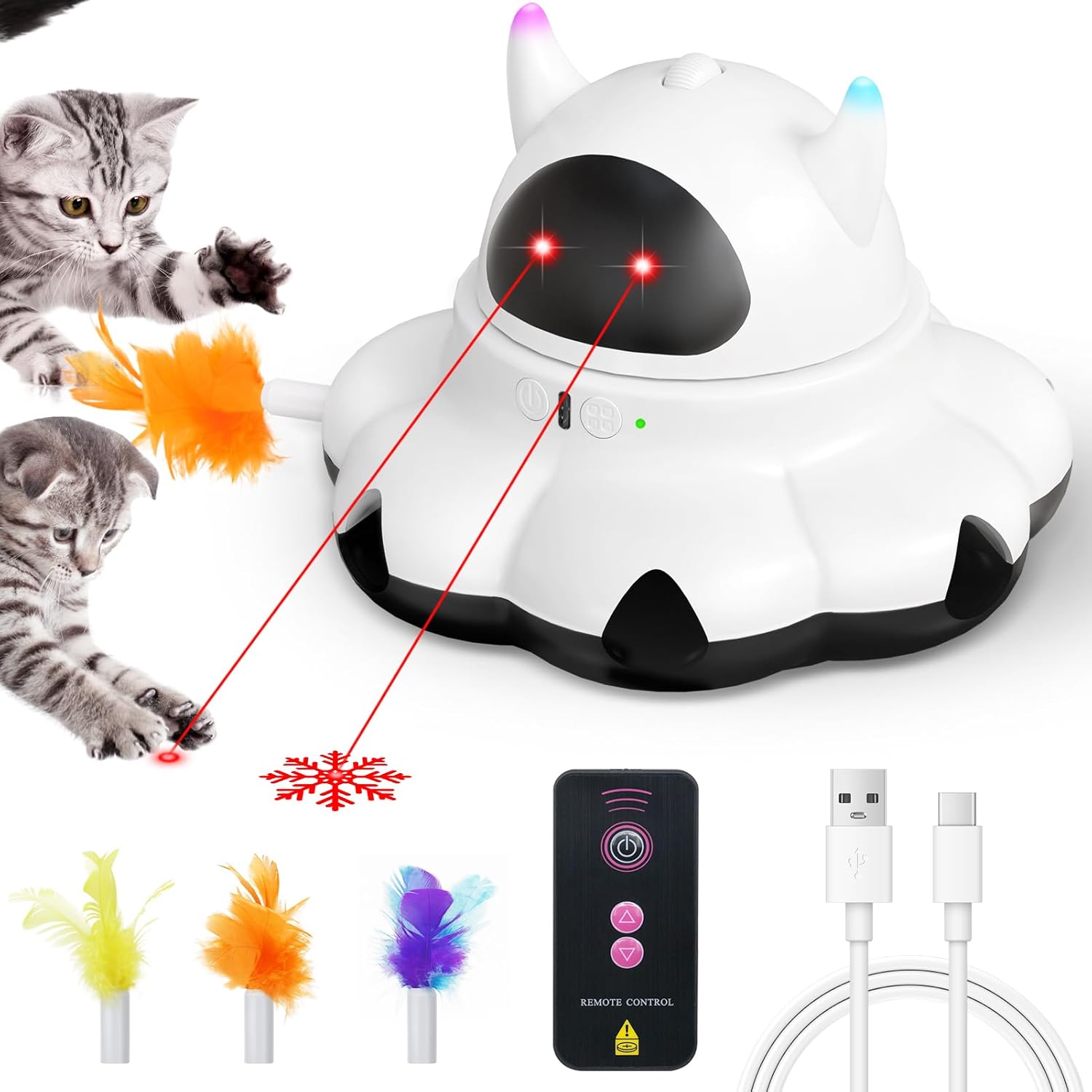 MIKK Cat Laser Toy Cat Feather Toys 2-in-1 Interactive for Indoor Cats Automatic with Remote Control Moving Ambush USB-C Rechargeable Electronic Kitten Toy for Indoor Exercise WHITE