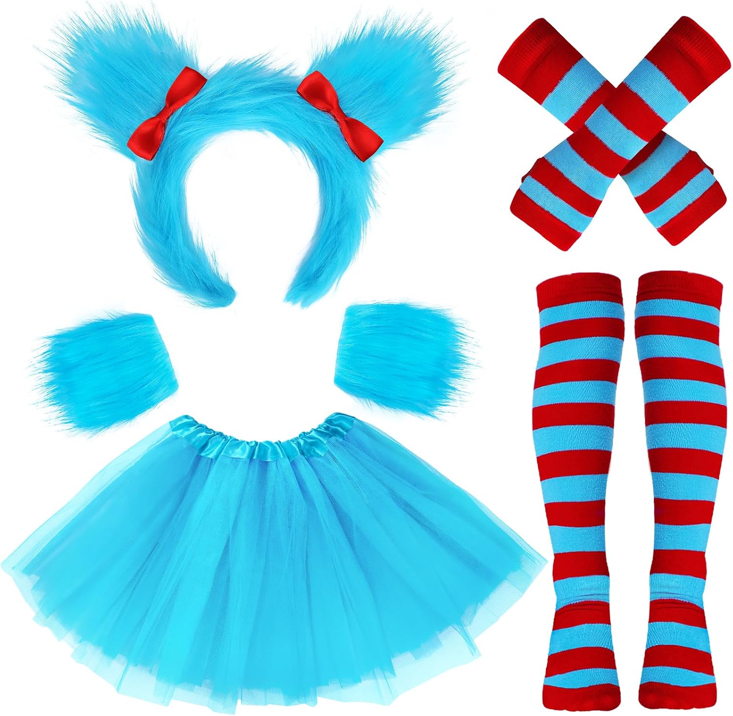 5 Pcs Girls Halloween Costumes Set,Blue Tutu Skirt/Fluffy Headband/Plush Wrist Cuffs/Striped Socks/Gloves Dress Up