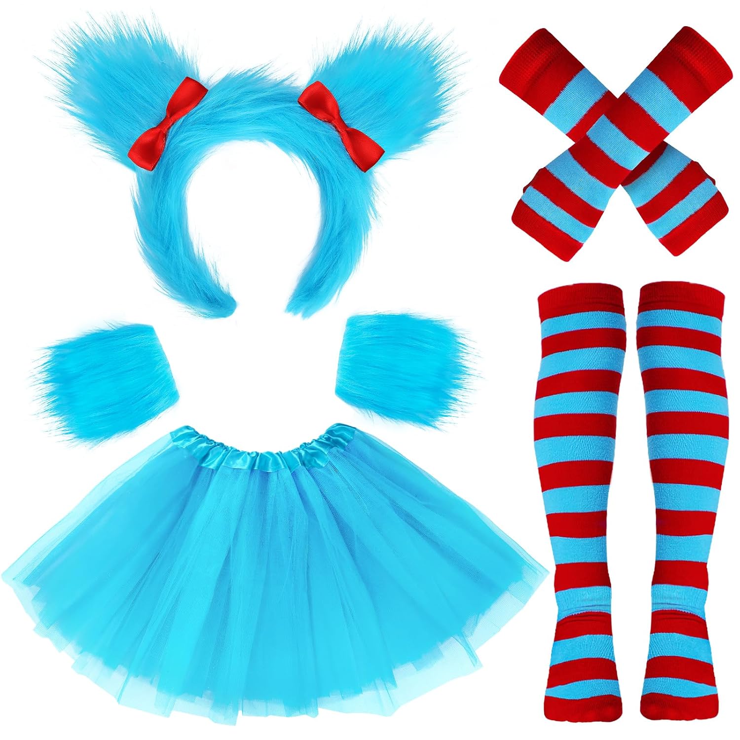 5 Pcs Girls Halloween Costumes Set Blue Tutu Skirt Fluffy Headband Plush Wrist Cuffs Striped Socks Gloves Dress