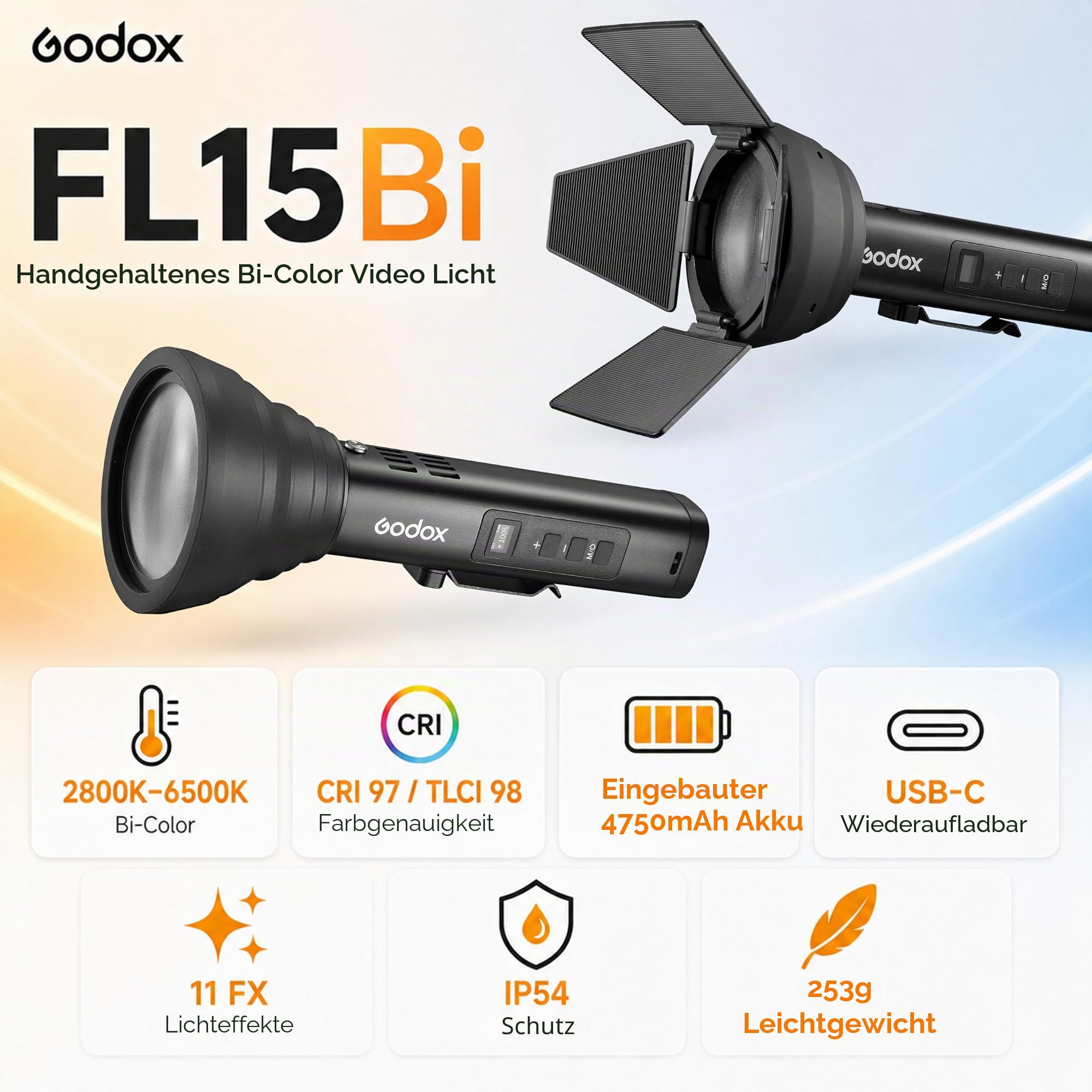 Godox FL15Bi Handheld Bi-Color LED-Videoleuchte, 2800K-6500K, 25600 Lux @0.5m, CRI 97 TLCI 98, 4750mAh USB-C wiederaufladbar, 11 FX, App-Steuerung, IP54, für Video Portrait Content Creation