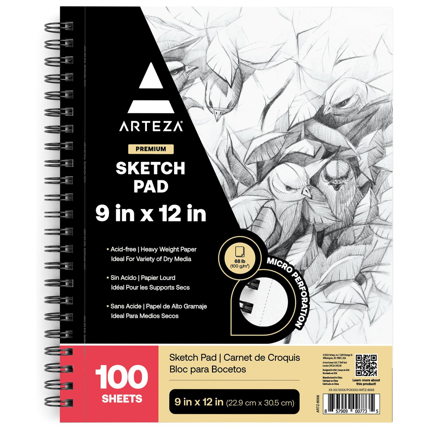 Sketchbook Drawing Pad, 9 x 12 in, Spiral, 100 Sheets, 68 lb Paper