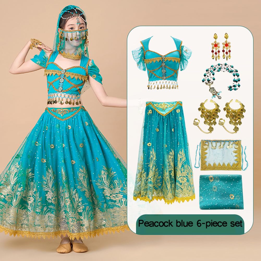 Kostium tańca brzucha dla dziewczynek sukienka Bollywood,orientalna księżniczka Jasmine przebranie Halloween taniec brzucha kostium szyfonowy,indyjskie ubrania tańca,Blue,S
