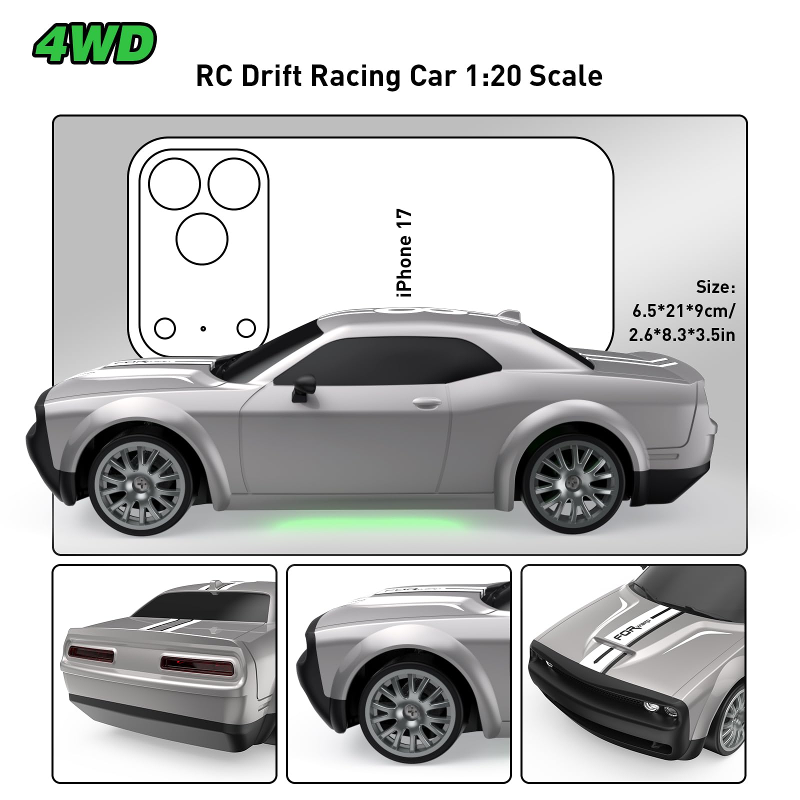 RC Drift Car 1:20 Macchina Telecomandata 2,4 GHz 4WD Auto Telecomandata 20 KM/H Auto da Corsa Telecomandata con fari da lavoro, 2 Batterie Ricaricabili,regalo per adulti e bambini (argenteo)