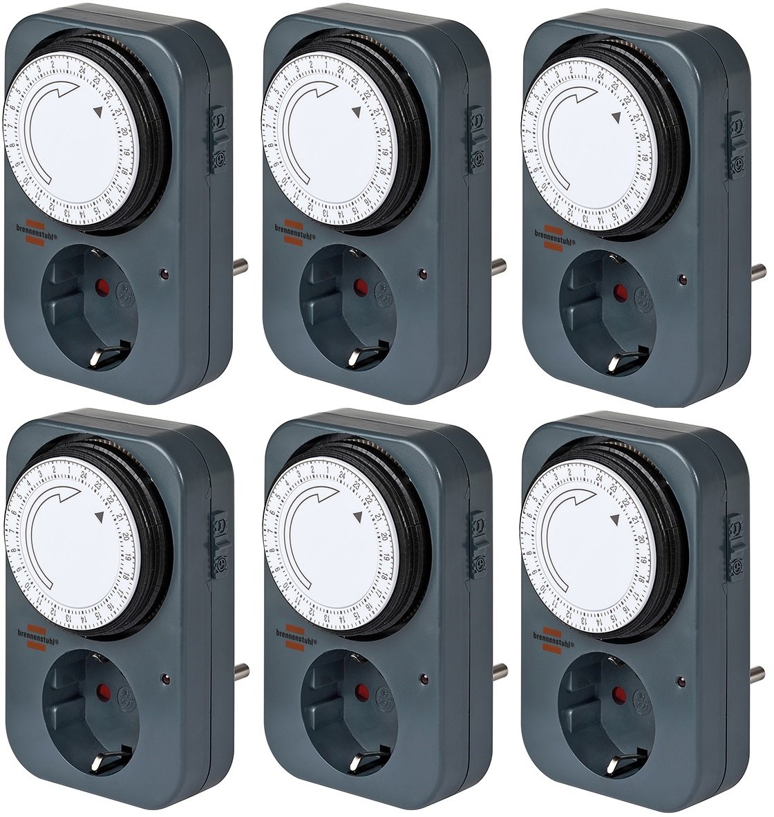 Brennenstuhl Zeitschaltuhr MZ 20, mechanische Timer-Steckdose (Tages-Zeitschaltuhr mit erhöhtem Berührungsschutz) grau (6 Stück)