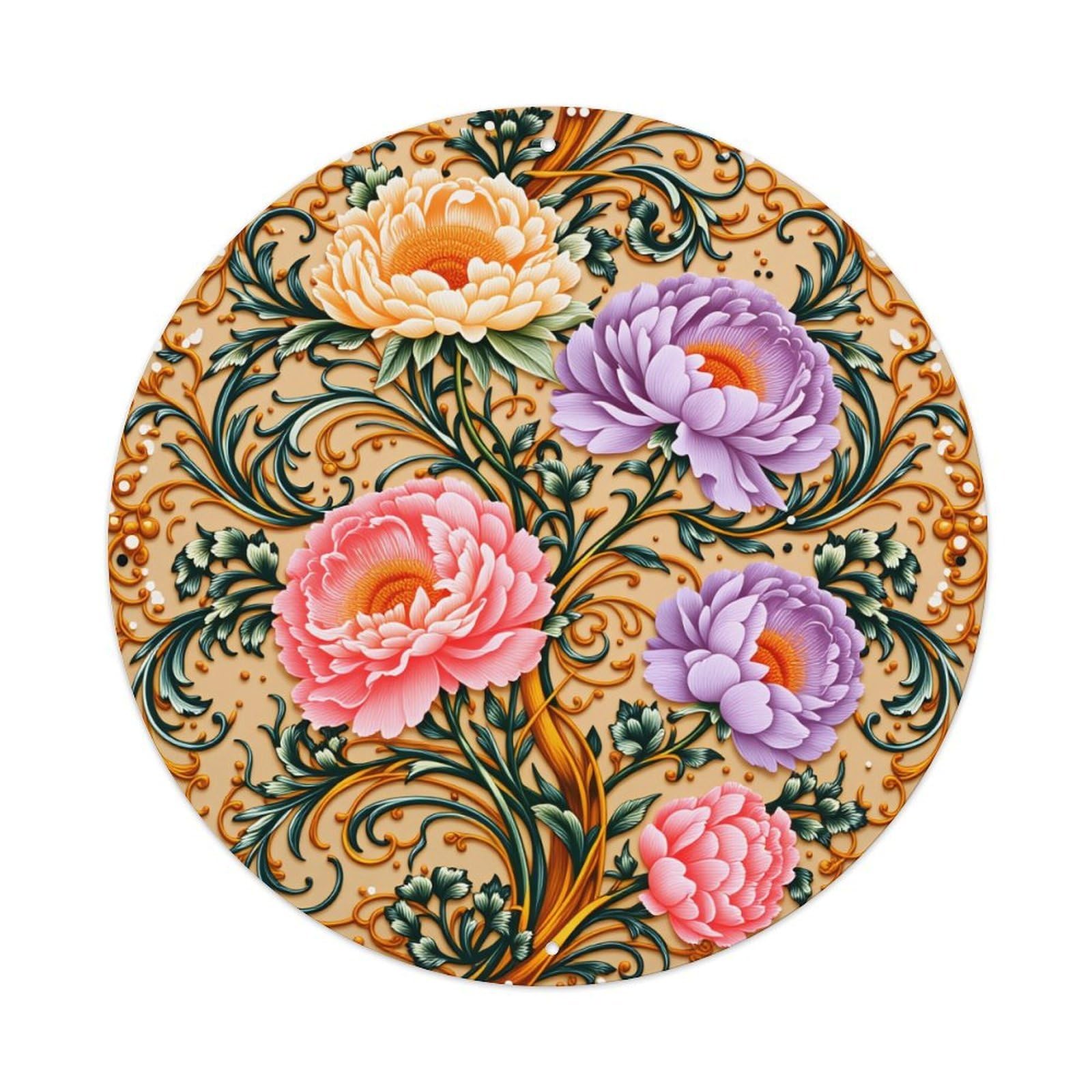 Floral Ornamental Circular Design Pattern Round Tin Sign Vintage Style Metal Sign Home Bar Garden Wall Plaque Decor Metal Poster 8x8 Inch