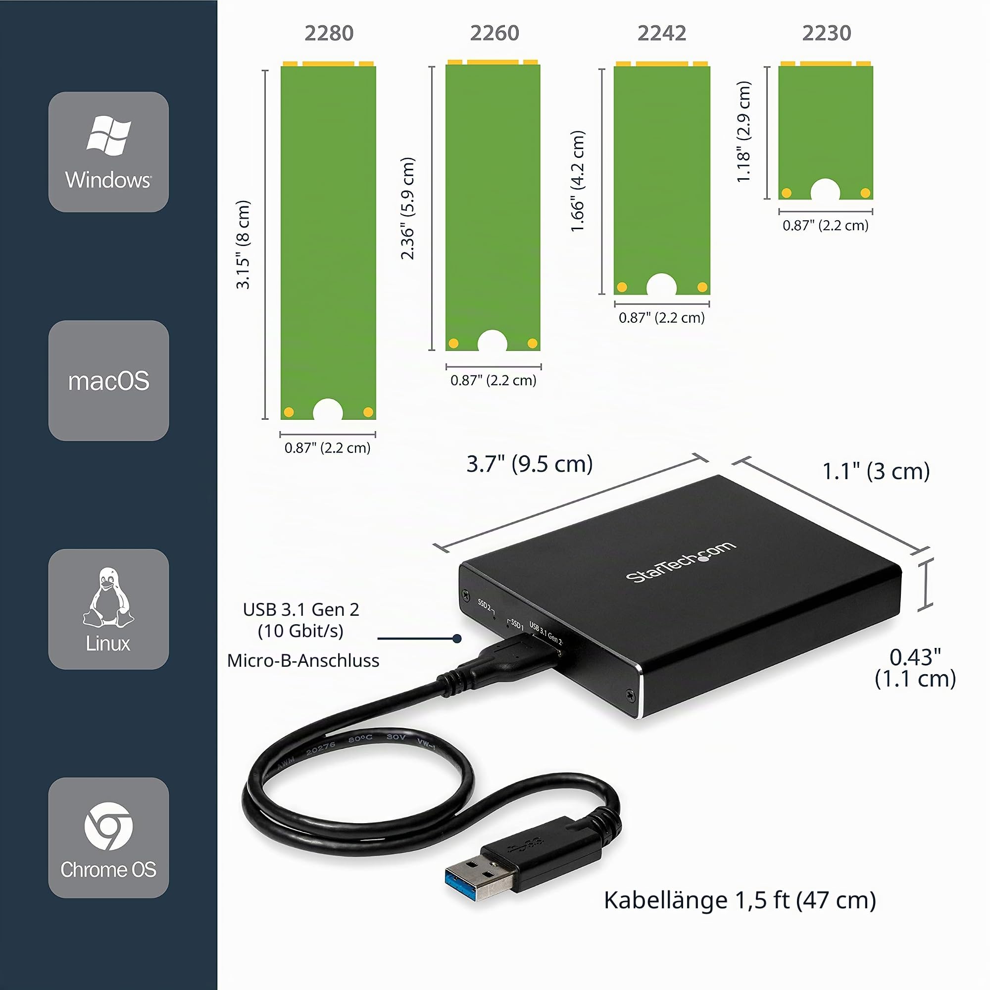 StarTech Dual-Slot M.2 SATA RAID Gehäuse, USB 3.1 10Gbit/s (SM22BU31C3R)