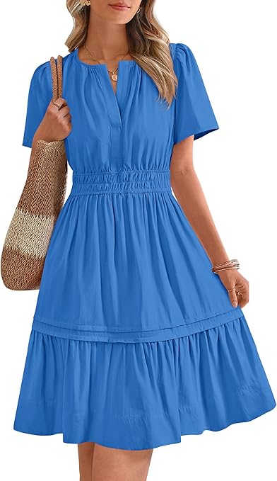 BTFBM Women's Casual Dresses 2025 Summer Spring V Neck Short Sleeve Sundress Smocked Waist A Line Tiered Mini Dress