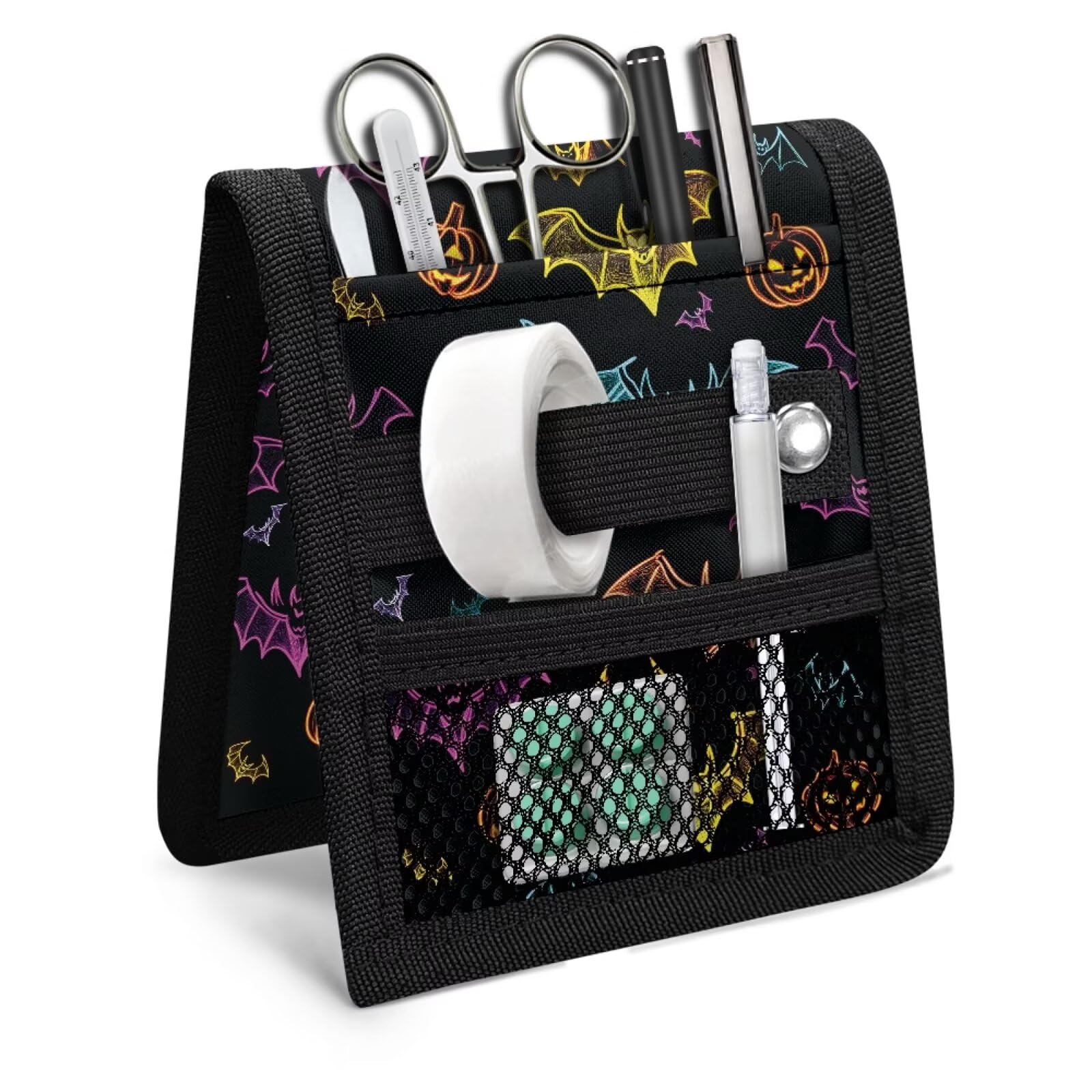 Baxinh Bat Pumpkin Print Nurse Pocket Organizer 3 Pockets Nurse Organizer Bag Pouch for Accessories Tool Case Medical Care Kit, Black Nurse Pocket Pouch — image 1