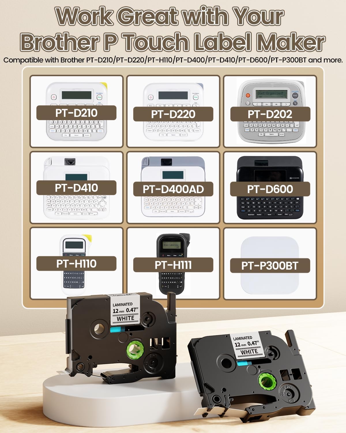 TZe-231 TZe231 TZe TZ 12mm 0.47 Laminated Black Ink on White Tape Replacement for Brother P Touch Label Maker Tape, Compatible with Brother PT-H110 PT-D210 PT-D220 PT-1290 PT-1880, 2-Pack - Image 2