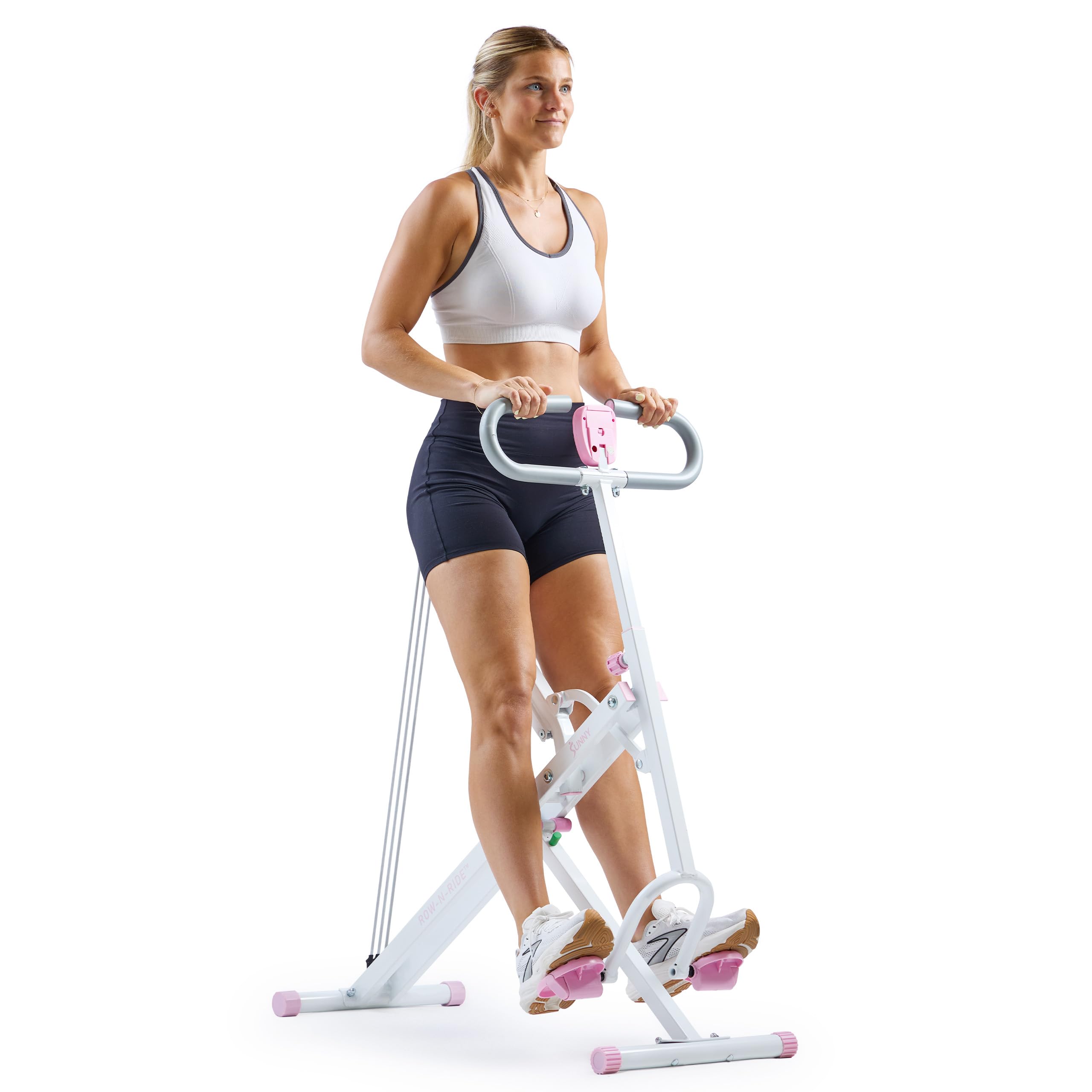 Sunny Health & Fitness Smart Row-N-Ride Squat Assist Trainer, Foldable & Easy Setup Exercise w/Adjustable Resistance, Home Training Machine for Arm, Glute & Leg Workout, Free SunnyFit App Connect