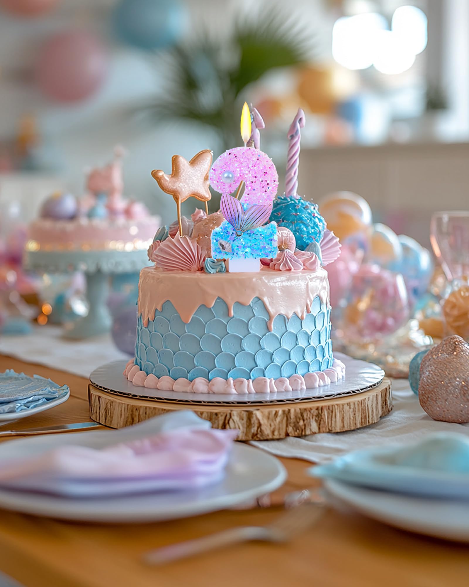 Bougies d'anniversaire à paillettes sur le thème de la sirène, numéro 2 pour filles, décoration de fête d'anniversaire de mariage, décorations de gâteau de 7,3 cm (thème sirène, numéro 2)