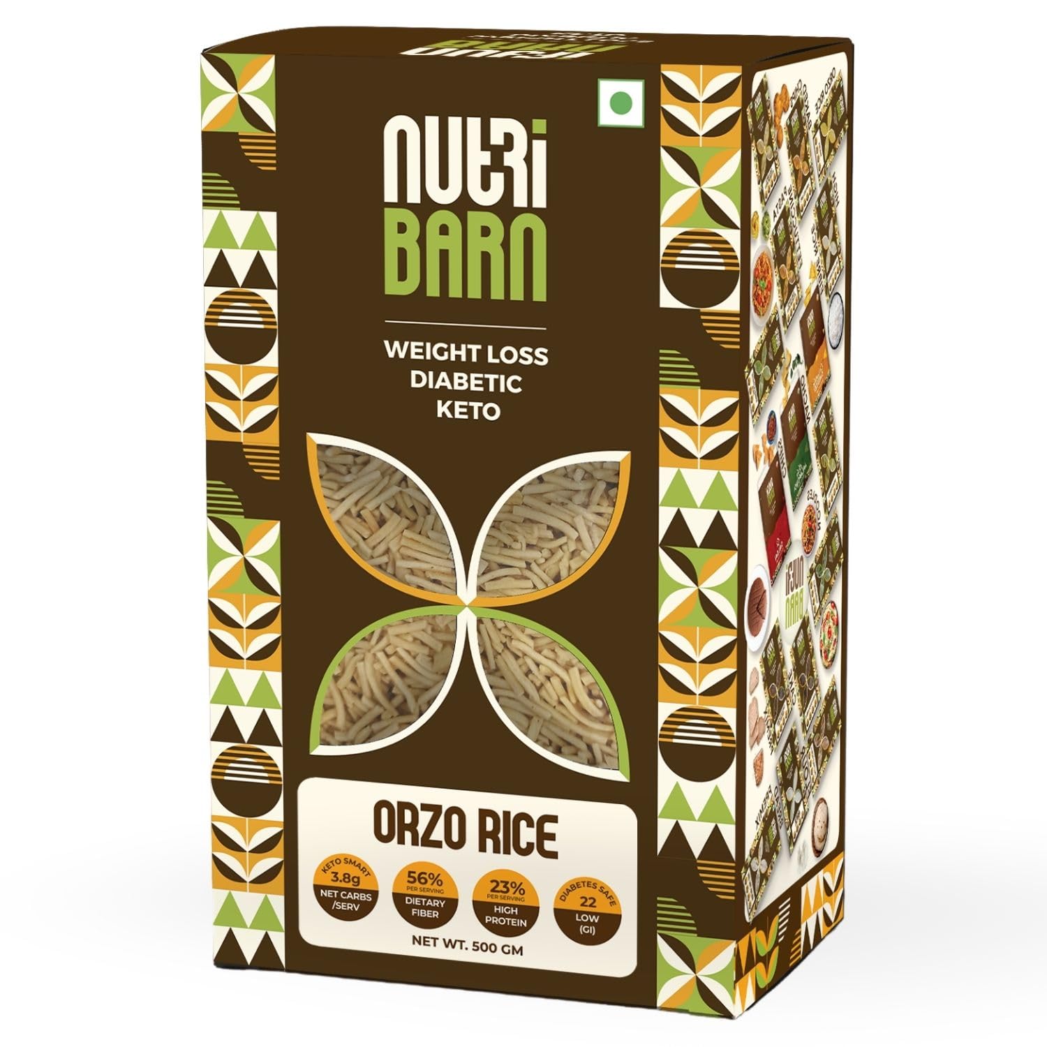 Nutribarn High Protein Low Carb Orzo Rice 1 Kg | 23% Protein | 3.8g Net Carbs | Lab Tested Low GI 22 | Diabetic Friendly, Weight Management Fillini Rice | 500g (Pack of 2)