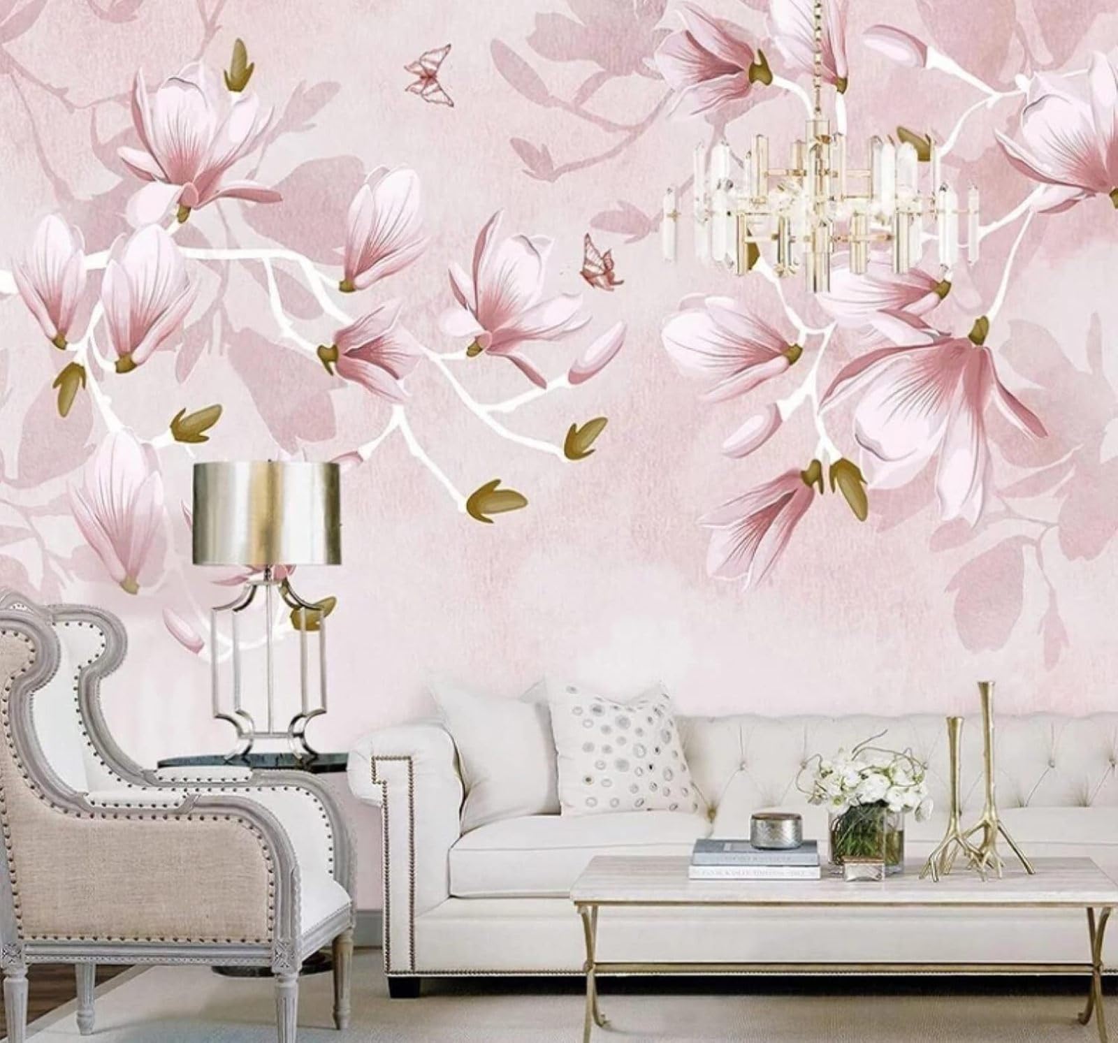 XLMING Hand Drawn Cosy Pink Magnolia Butterfly 3D Wallpaper Luxury Home Dining Decor Paste Sofa Living Room The Wall for Bedroom Mural-400cm×280cm