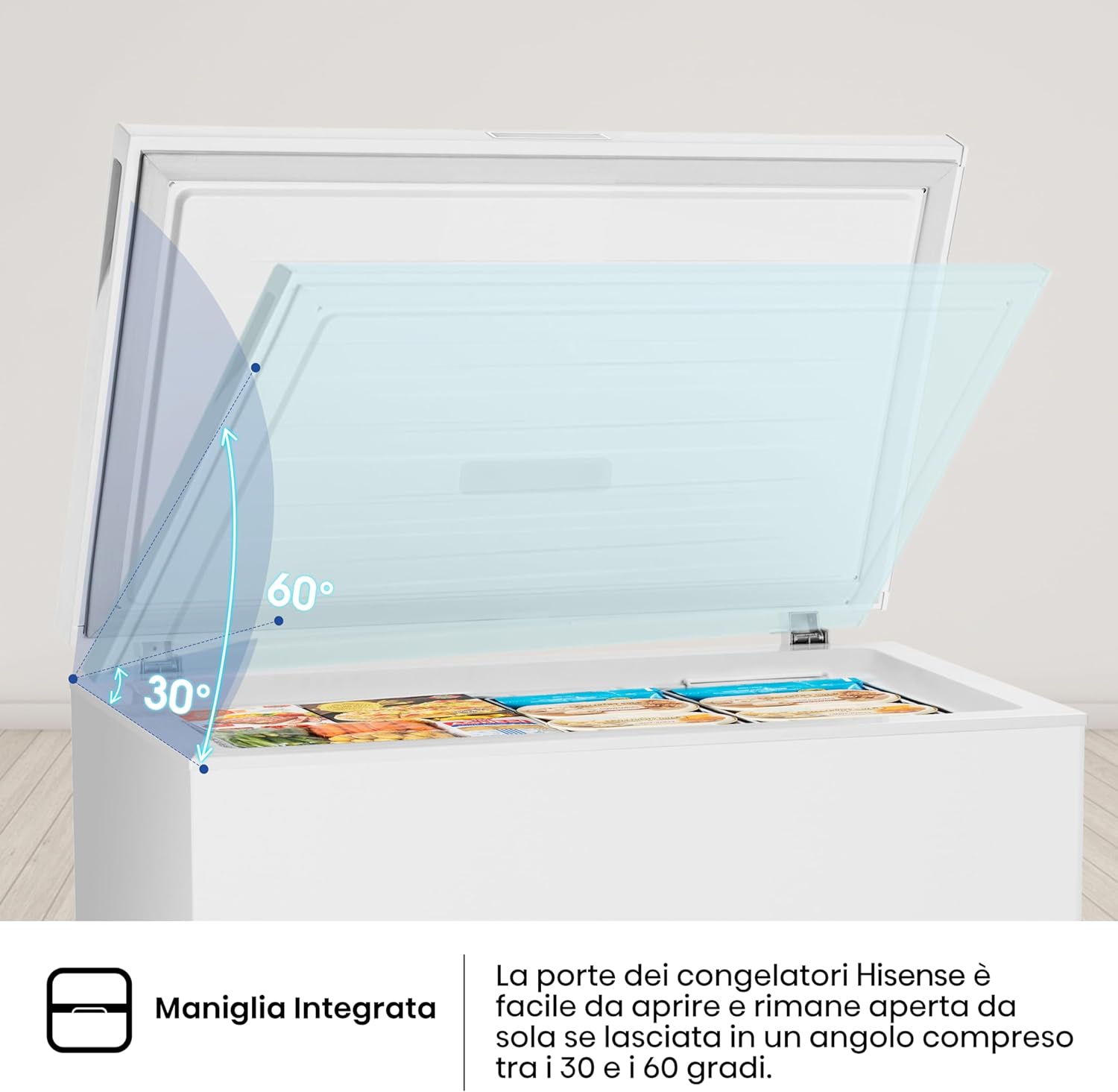 Freezer door shown holding open at 30 and 60 degree angles