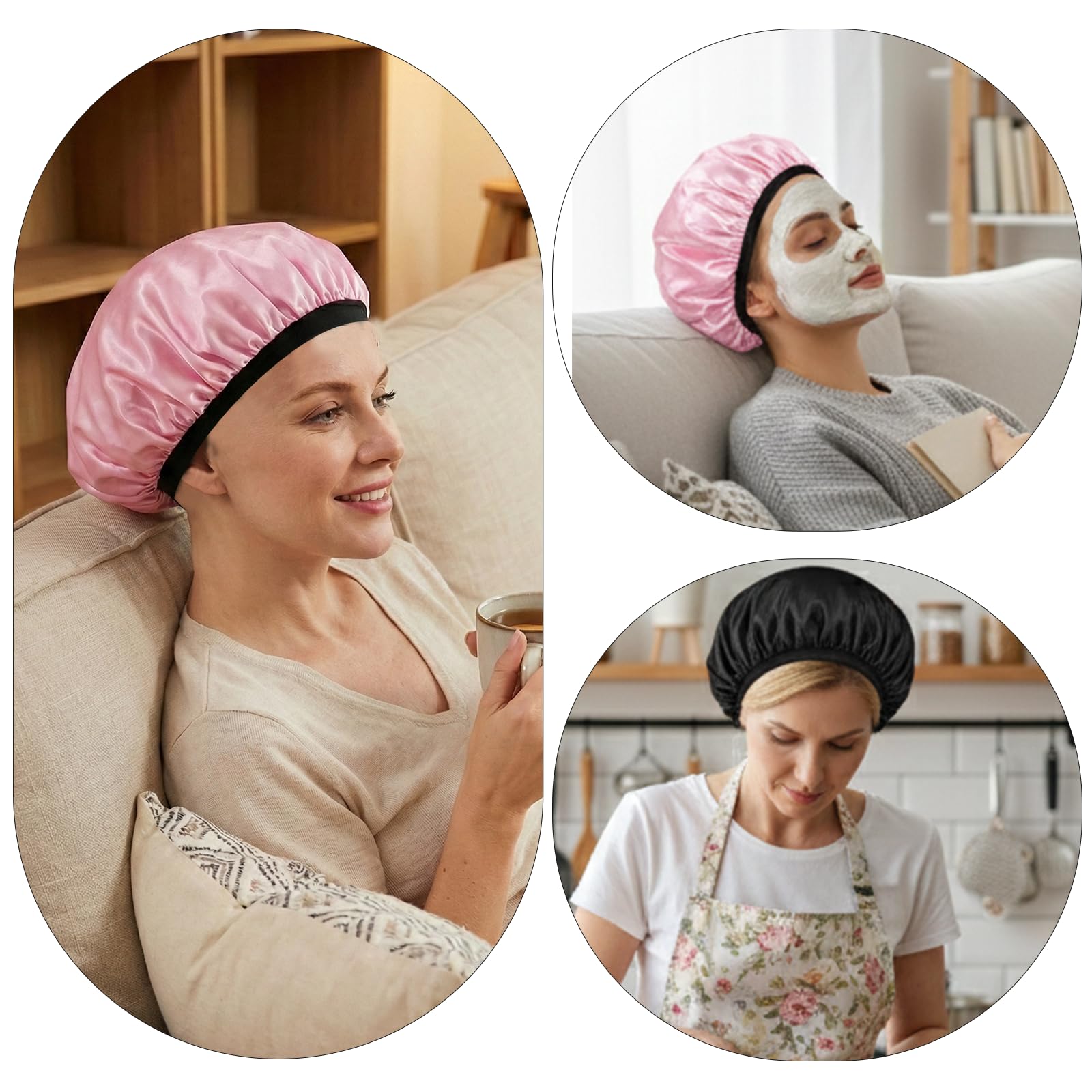 2 czepki prysznicowe dla kobiet, wielokrotnego użytku, elastyczne, dwuwarstwowe, głębokie odżywianie, do salonu, spa, gotowania (czarny, różowy)