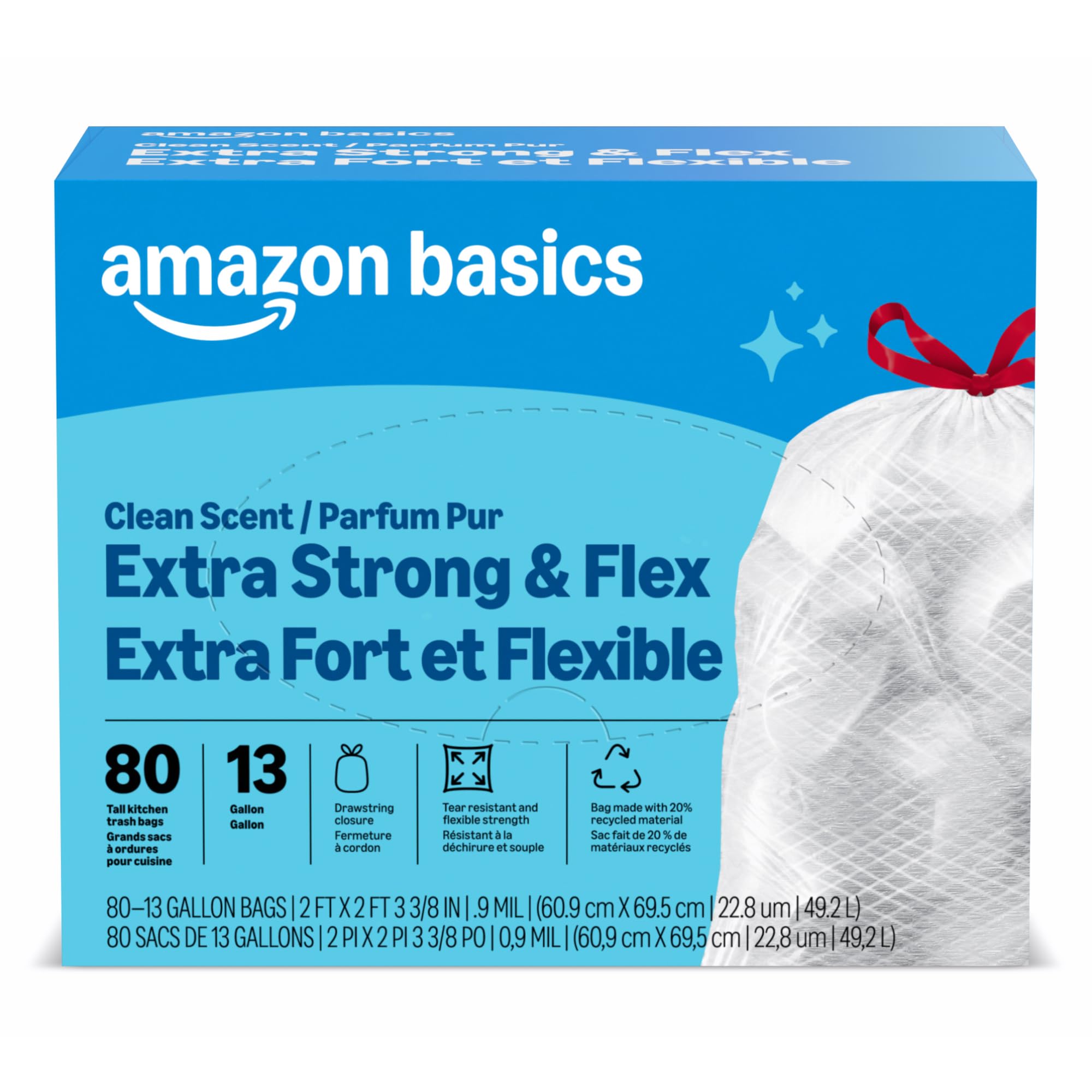 Amazon Basics Ultra-Force Tall Kitchen Drawstring Trash Bags, Classic Clean Scented, 13 Gallon, 80 Count, Pack of 1, Packaging May Vary