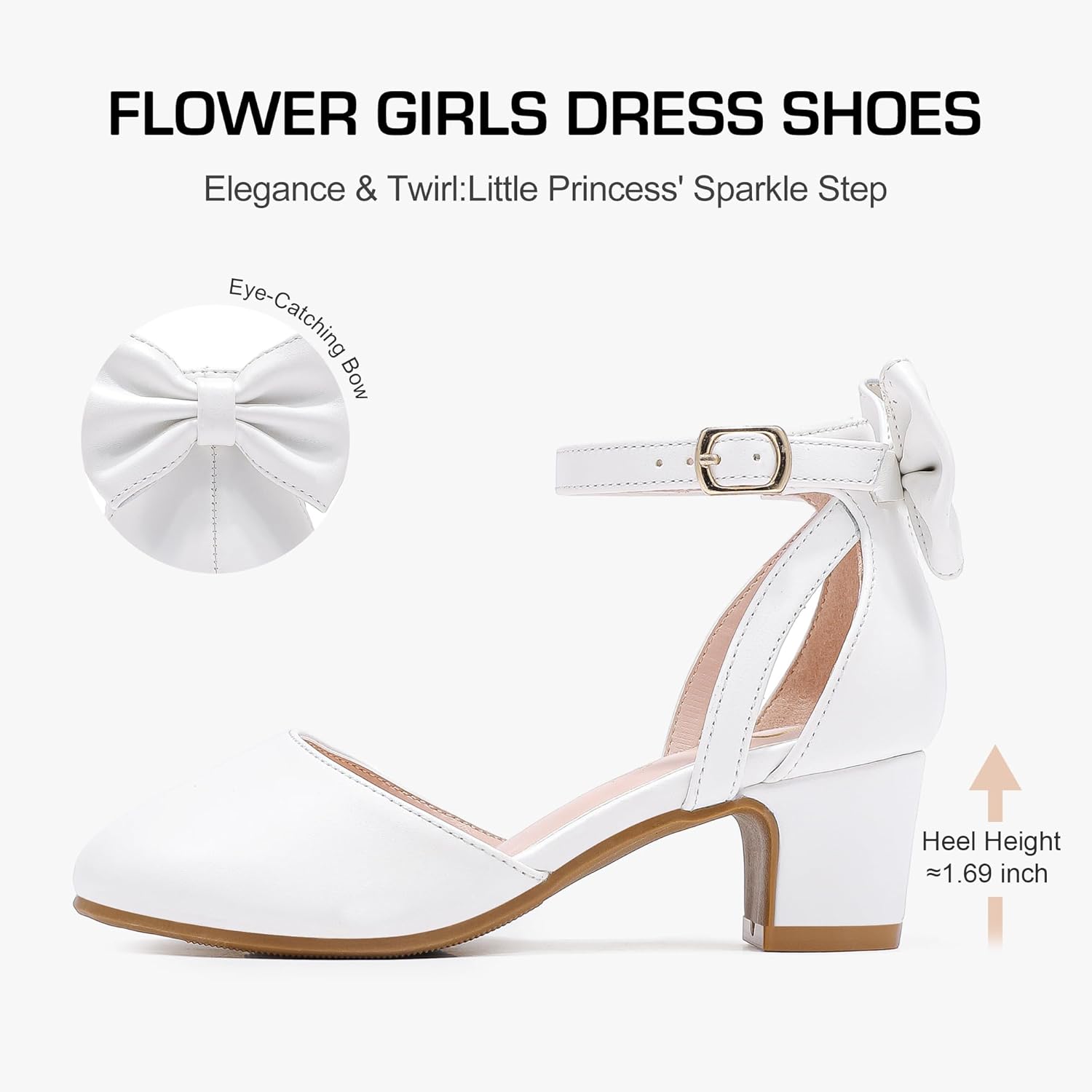 Girls Heels Dress Shoes Flower Girl Pumps with Cute Bow Closed Toe High Heels Adjustable Buckles Wedding Party - Image 4