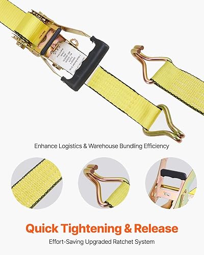 Miniatura 3 de VEVOR Correas de amarre de trinquete (paquete de 4), resistencia a la rotura de 10,000 libras, ganchos en J dobles resistentes, 2 pulgadas x 27 pies