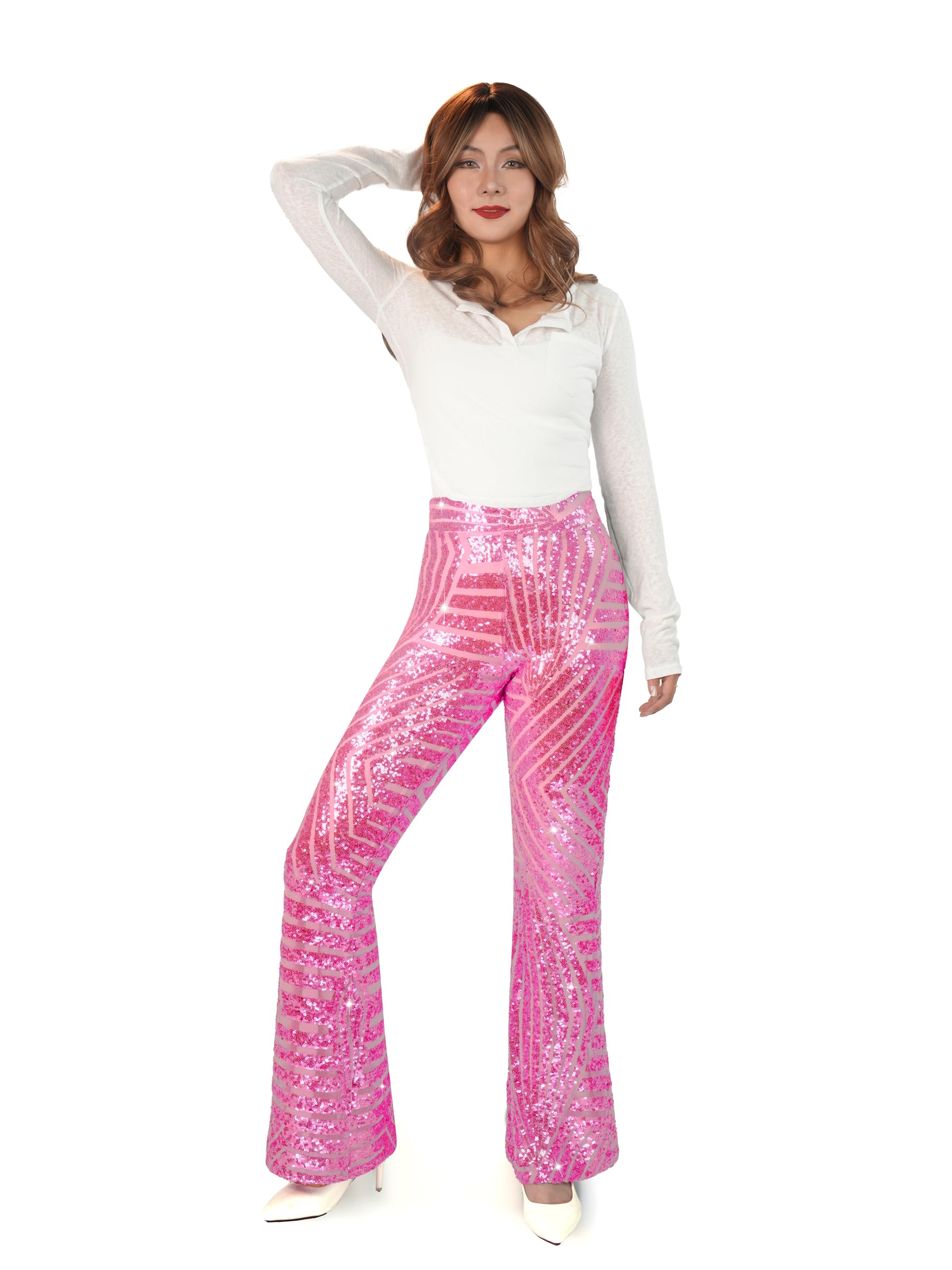 Nawgut Damenhose mit glitzernden Pailletten, ausgestellt, hoher Bund, weites Bein, Partyhose