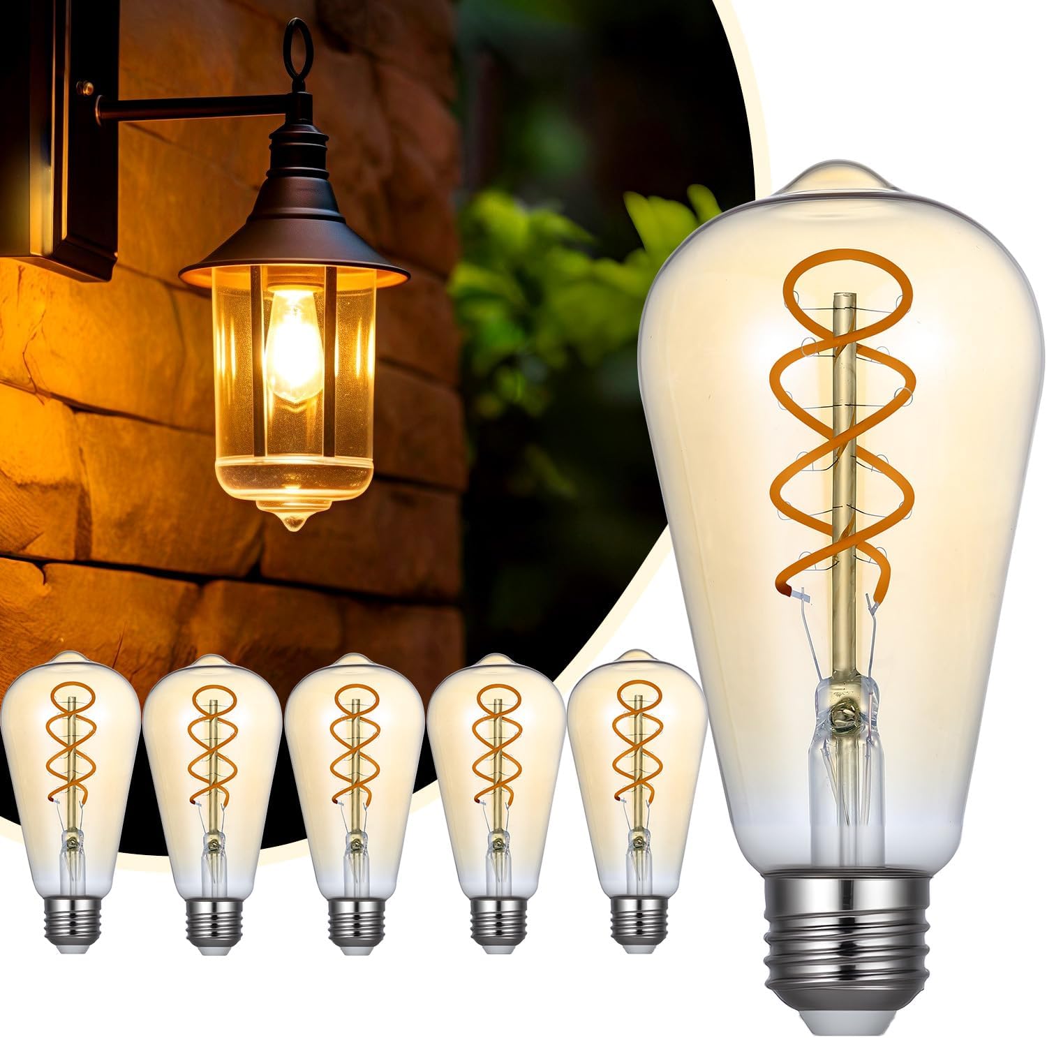 ST64 Edison LED Bulb 40w, 6 Pack Dimmable No Flicker Spiral Filaments Amber Glass ST64 Vintage LED Bulbs 320LM 4W, Equal 40W, 2200K Amber Warm E26 Base, ST 64 Amber LED Bulb for Cozy Setting