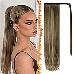 BARSDAR Brown Highlight Straight Wrap Ponytail Extension - 20 Inch Long Straight Wrap Around Ponytails for Women, Synthetic Clip in Ponytail Extensions Balayage Pony Tails Hairpieces