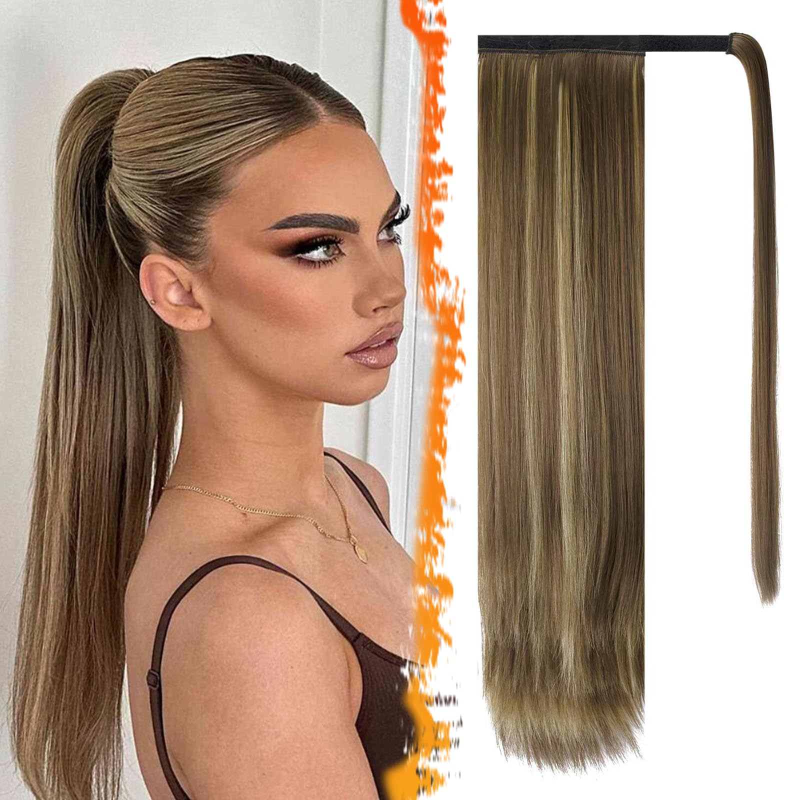 BARSDAR Highlight Straight Wrap Ponytail Extension - 26 Inch Long Straight Wrap Around Ponytails for Women, Clip in Ponytail Extensions Synthetic