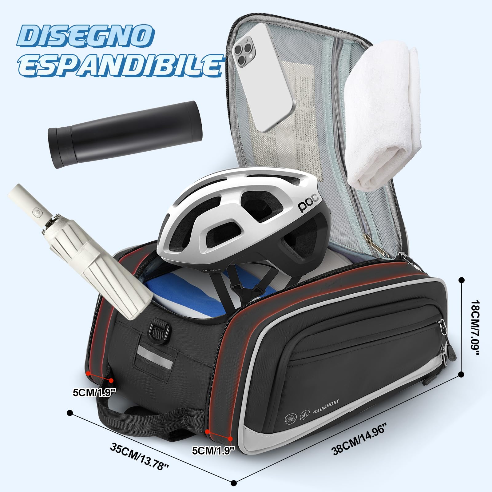 RAINSMORE Borsa Bici Posteriore 15L-23L Espandibile, Borsa Portapacchi Bici Impermeabile e Riflettente con Copertura Antipioggia e Tracolla, Bici per MTB, E-Bike e City Bike Nero