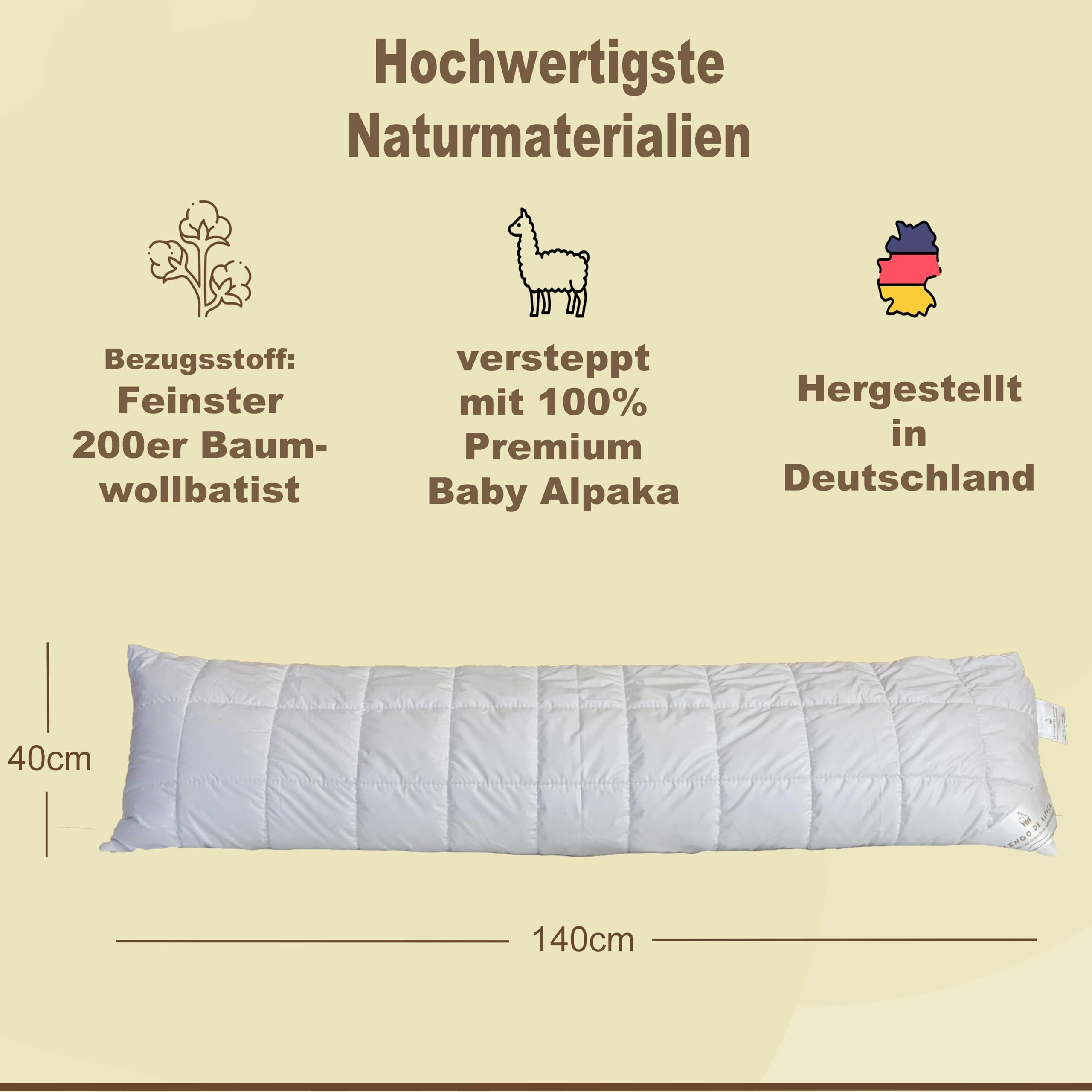 Alpaka Seitenschläferkissen 40x140cm, mit feinestem Baby Alpaka versteppt, für einen erholsamen und unterstützenden Schlaf, Füllung 100% Naturlatex